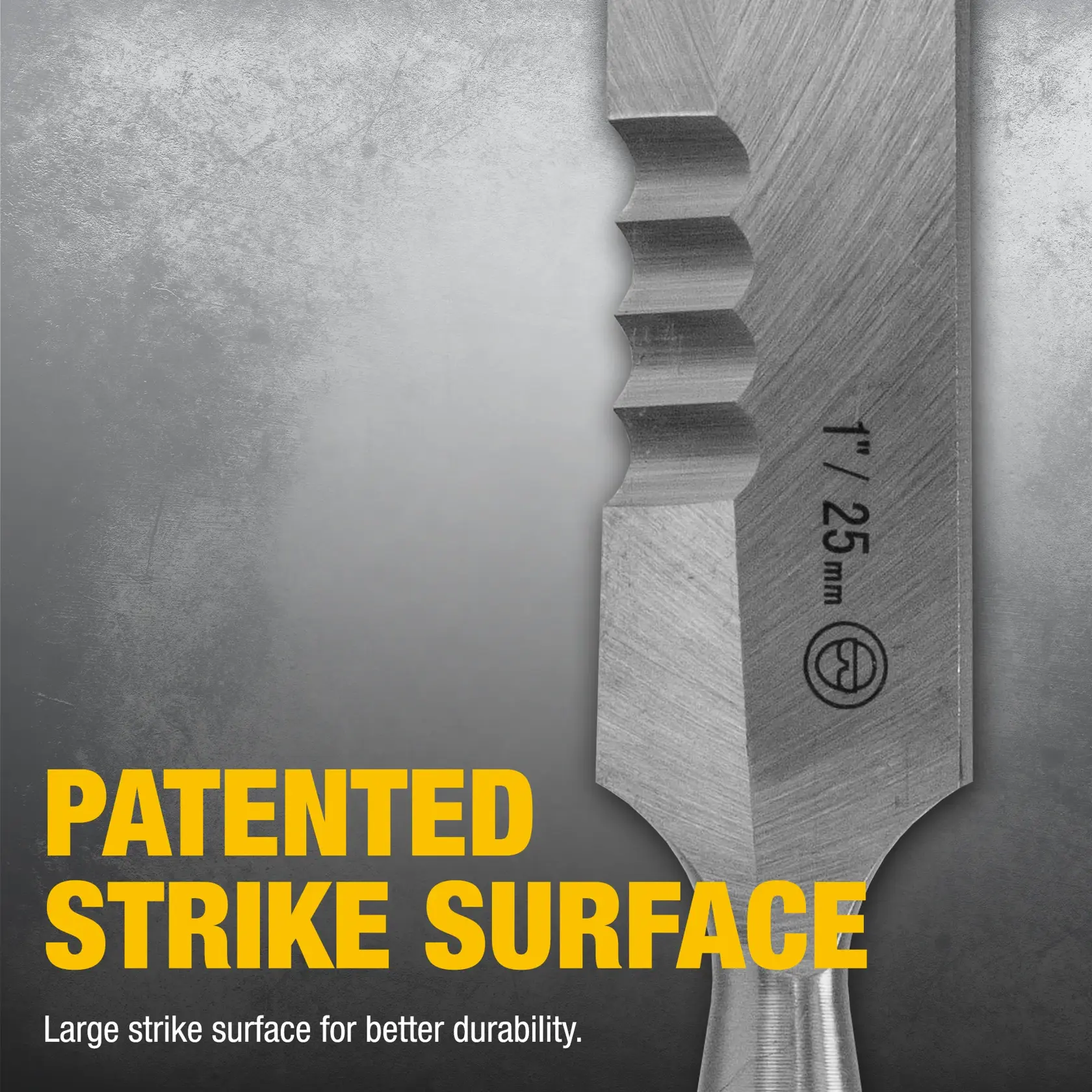 Close-up image of a DEWALT chisel with a large, textured metal strike surface. Text highlights 'Patented Strike Surface' in bold yellow letters, with a note stating 'Large strike surface for better durability.' The chisel is marked with '1" / 25 mm.'