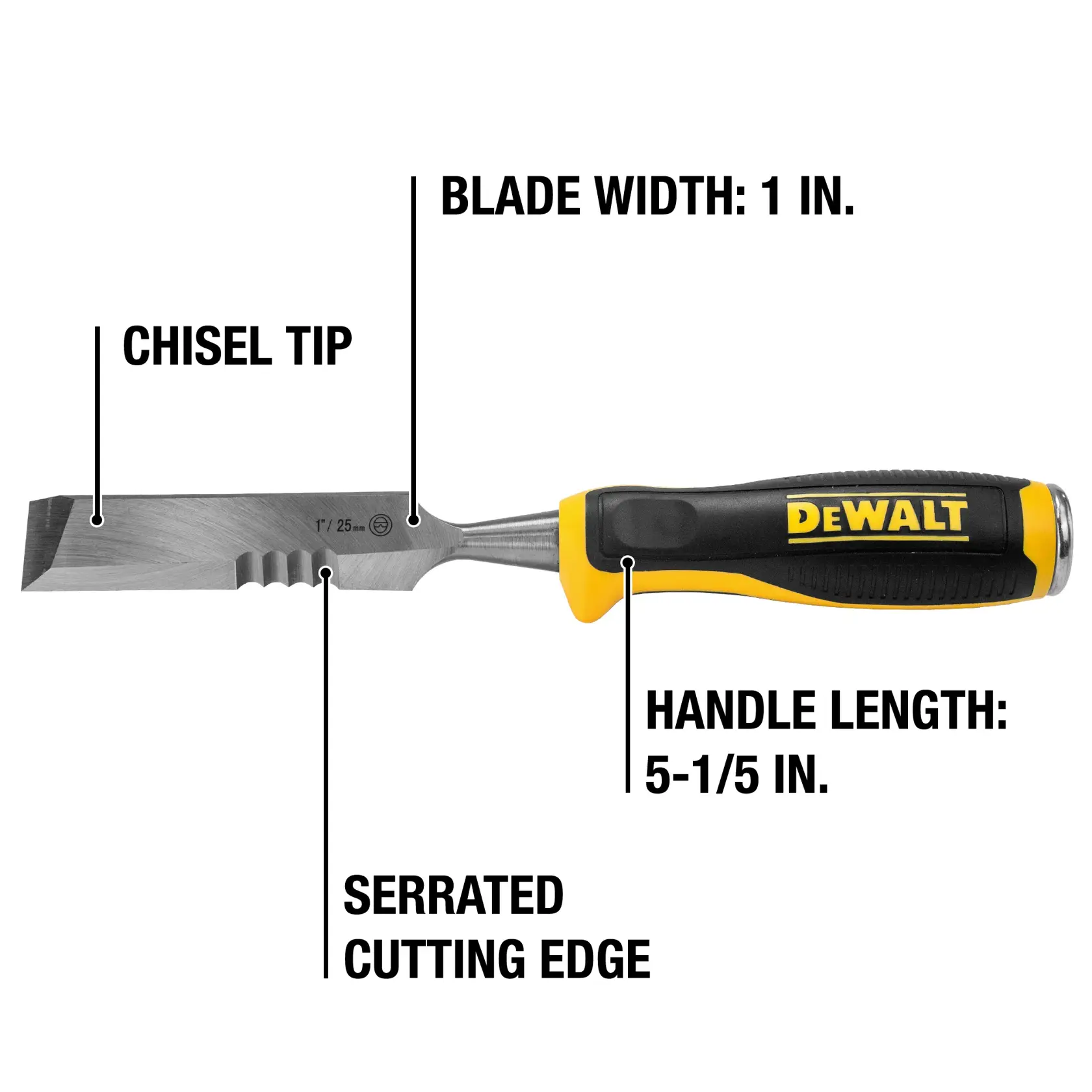 Image of a DEWALT chisel with a serrated cutting edge. Annotations indicate a chisel tip, blade width of 1 inch, handle length of 5-1/5 inches, and serrated cutting edge.
