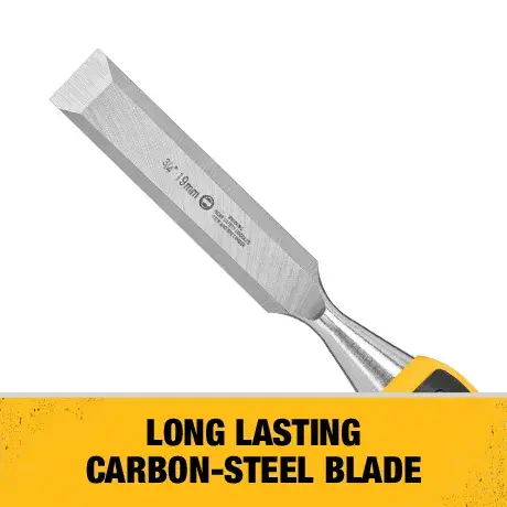 A DEWALT chisel with a carbon-steel blade is shown above a yellow label that reads 'LONG LASTING CARBON-STEEL BLADE.'