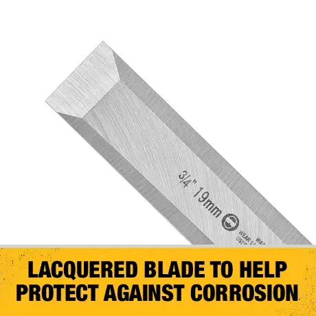 Close-up of a DEWALT metal blade with a lacquered finish, shown alongside a yellow label stating 'Lacquered blade to help protect against corrosion.'