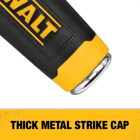 Close-up of the DEWALT DWHT16850 tool handle, highlighting its thick metal strike cap. Below the handle is a yellow label stating 'THICK METAL STRIKE CAP.'