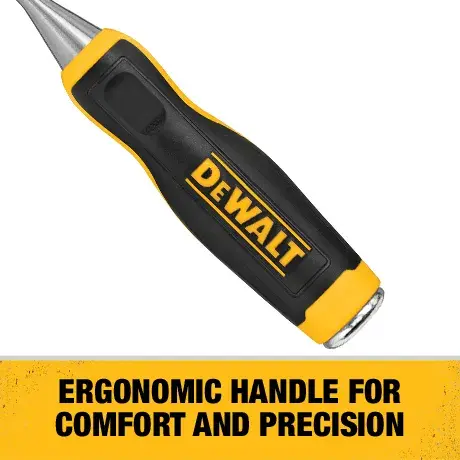 DEWALT marking tool with a black and yellow ergonomic handle, displayed above a yellow label that reads: 'Ergonomic handle for comfort and precision.'