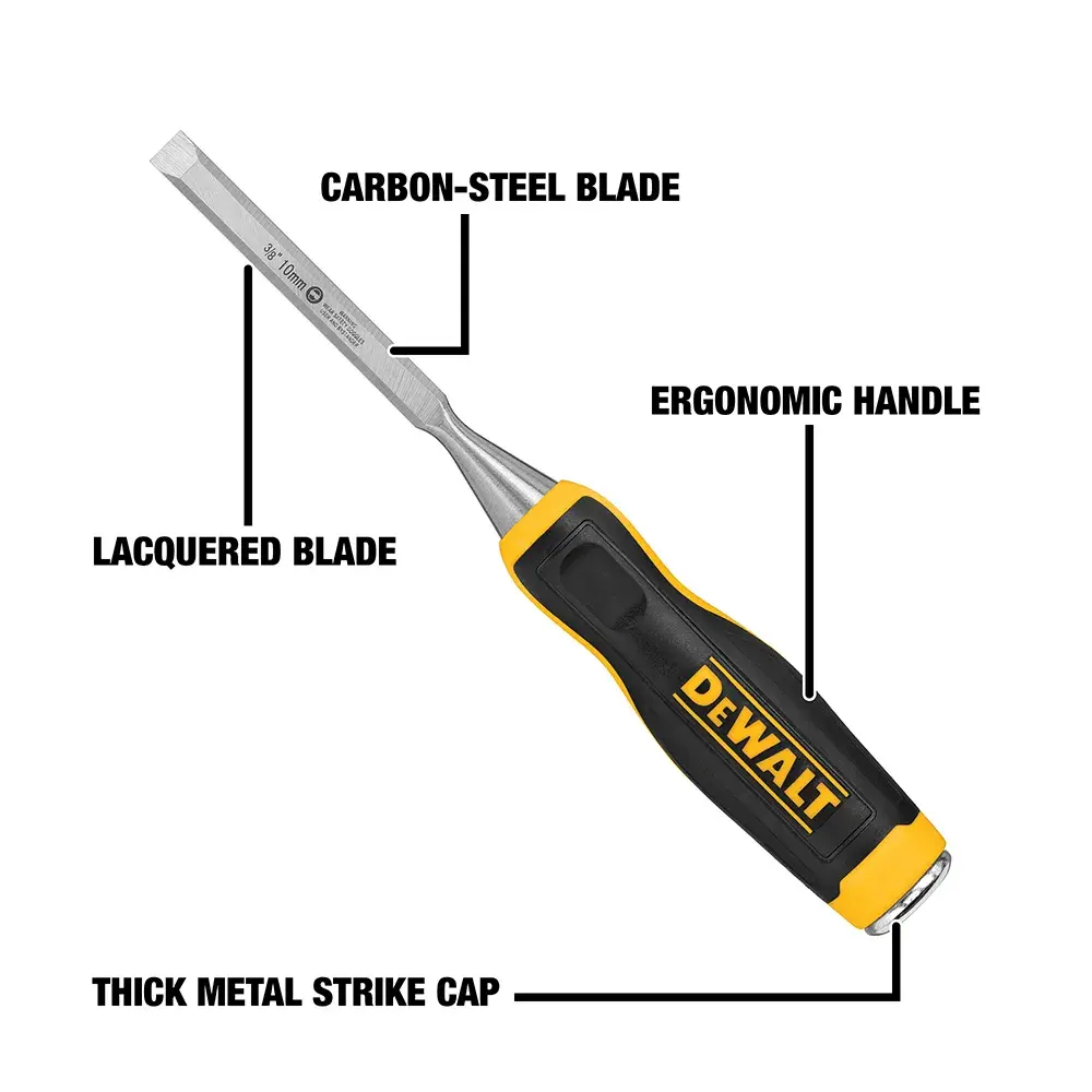 A DEWALT chisel with labeled features: carbon-steel blade, lacquered blade, ergonomic handle, and thick metal strike cap.