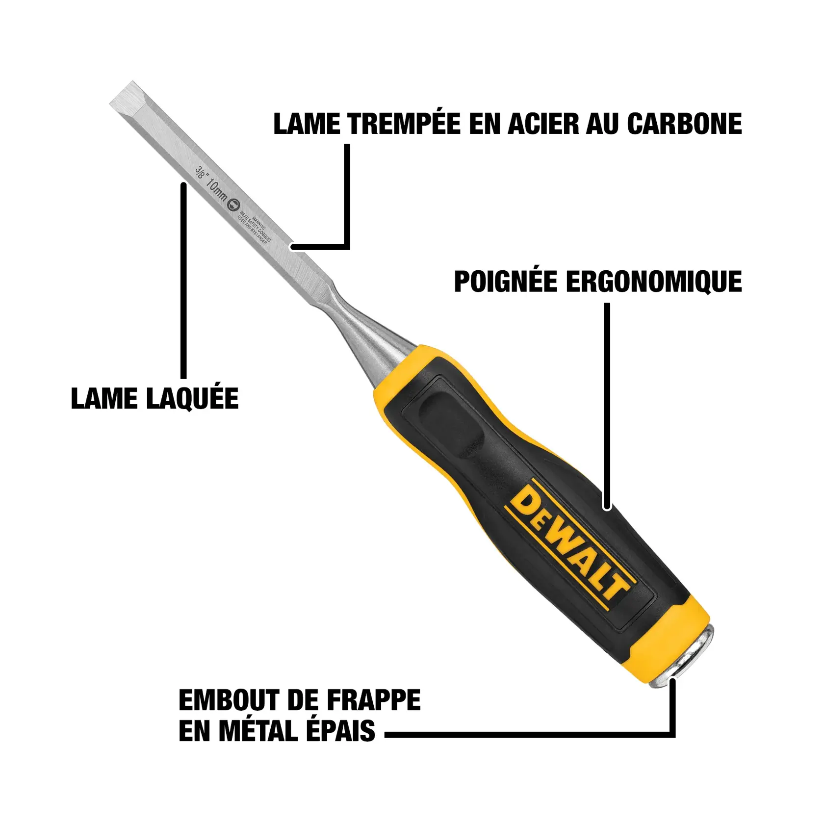 A DEWALT chisel with labeled features: carbon-steel blade, lacquered blade, ergonomic handle, and thick metal strike cap.