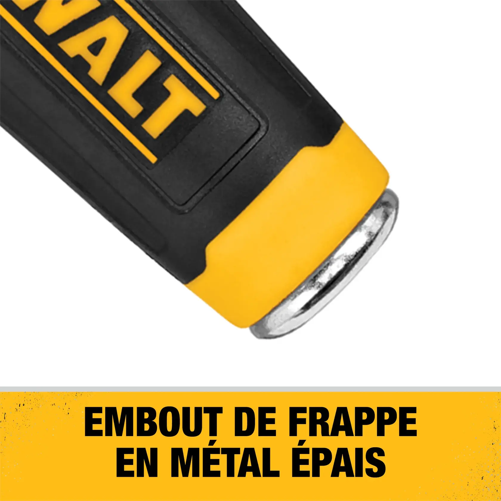 Close-up of a DEWALT tool handle showing a thick metal strike cap, with a yellow label below reading 'THICK METAL STRIKE CAP'.