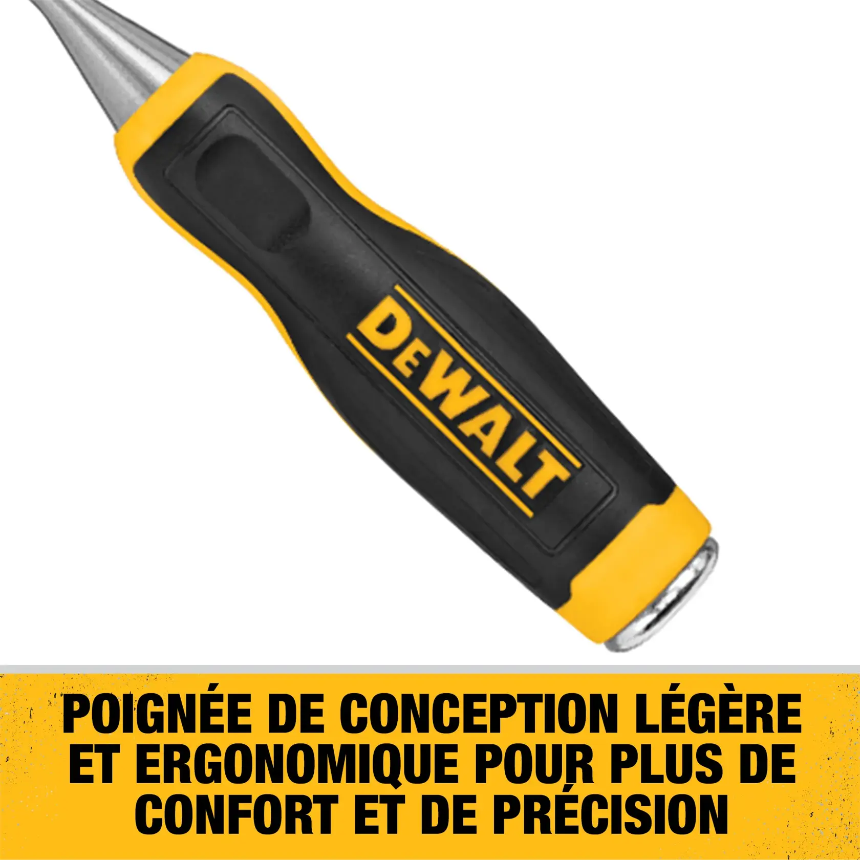 A DEWALT hand tool with a black and yellow ergonomic handle, featuring a metal tip. Below the tool is a label that reads: 'ERGONOMIC HANDLE FOR COMFORT AND PRECISION.'