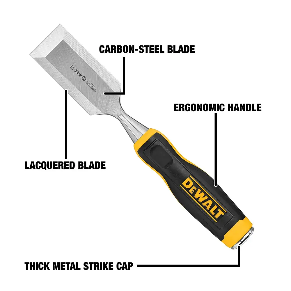 A DEWALT chisel with annotations highlighting features such as a carbon-steel blade, lacquered blade, ergonomic handle, and thick metal strike cap.