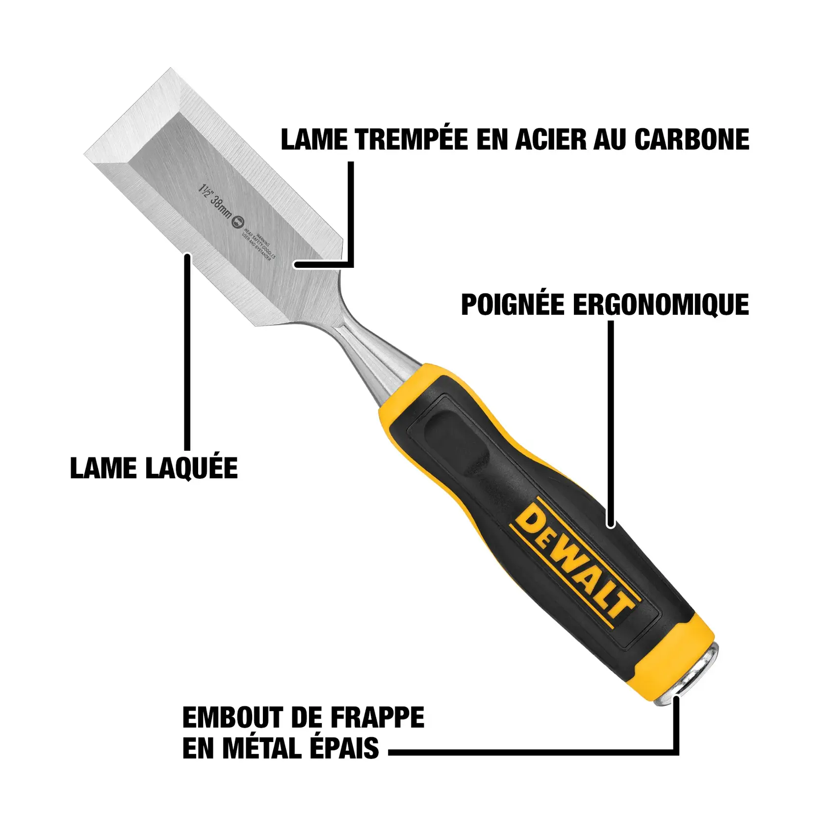 A DEWALT chisel with annotations highlighting features such as a carbon-steel blade, lacquered blade, ergonomic handle, and thick metal strike cap.