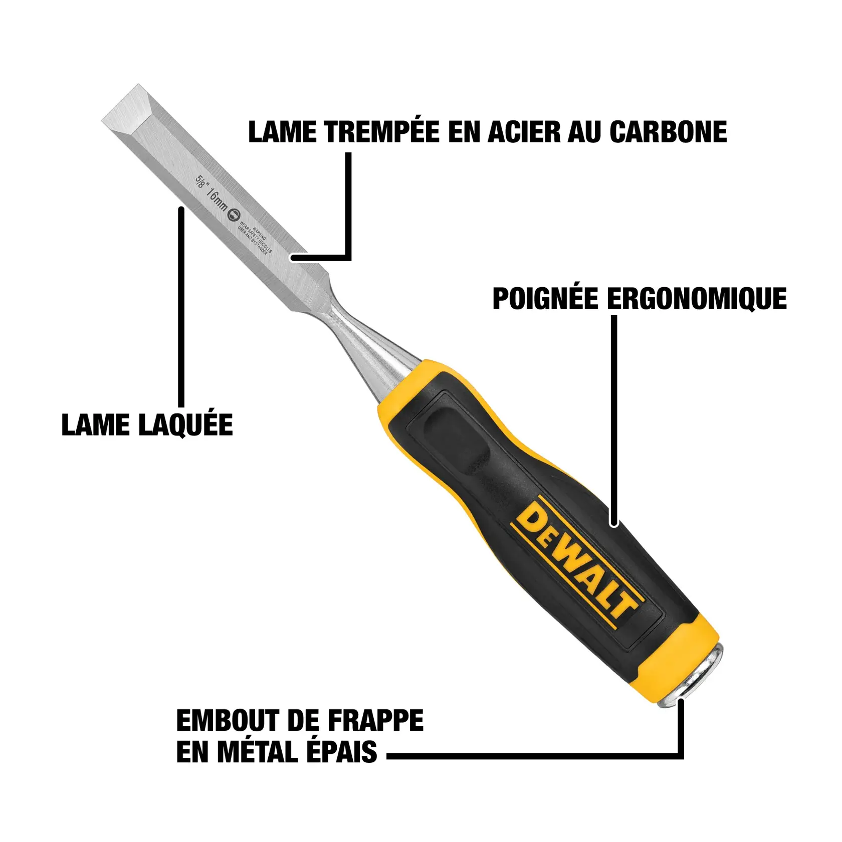 A DEWALT woodworking chisel with a carbon-steel blade, ergonomic handle, lacquered blade, and thick metal strike cap. The image highlights each of these features with labeled text and lines pointing to the respective parts.
