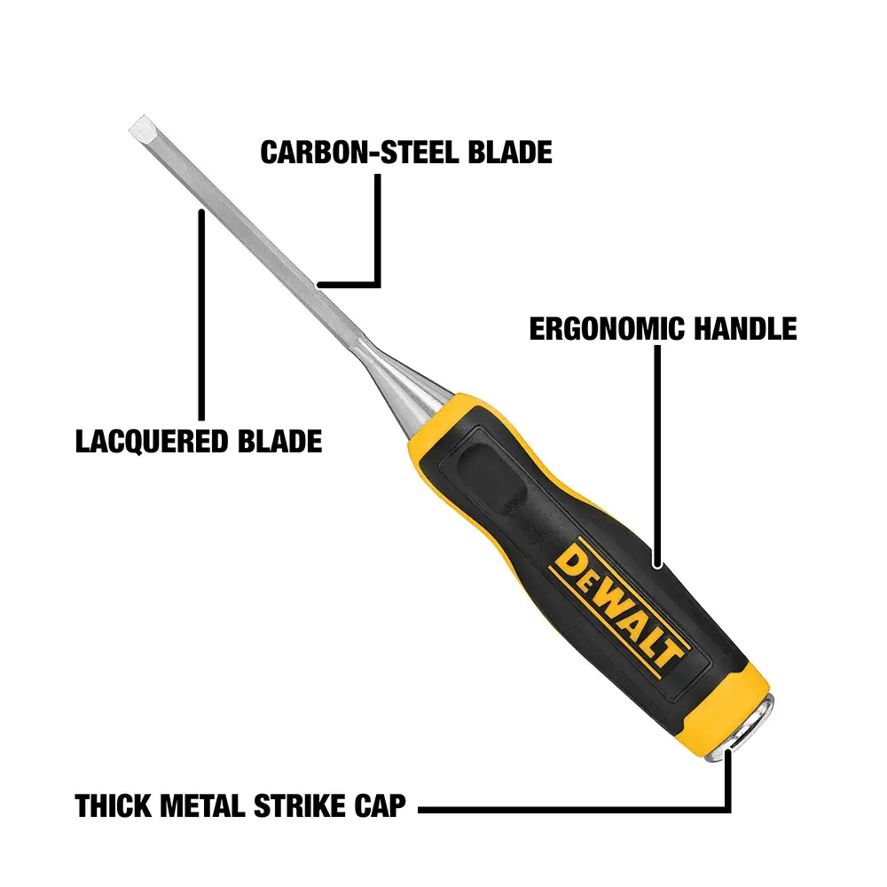 DEWALT chisel with labels highlighting its carbon-steel blade, lacquered blade, ergonomic handle, and thick metal strike cap.