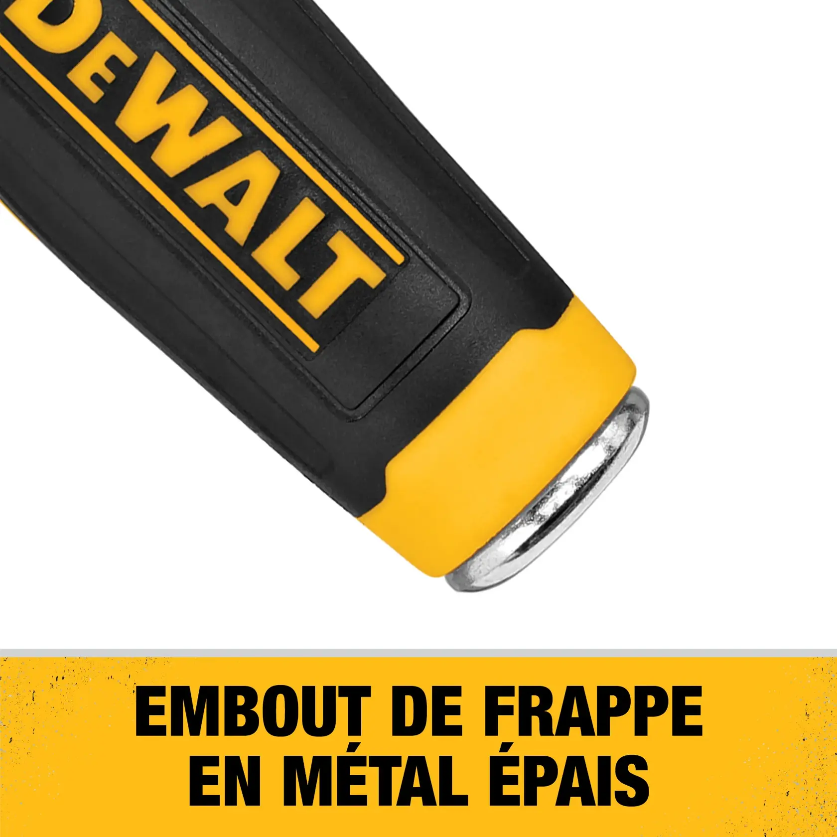 Close-up of a DEWALT hand tool handle in black and yellow, showing a thick metal strike cap at the end. Text below reads: 'THICK METAL STRIKE CAP'.