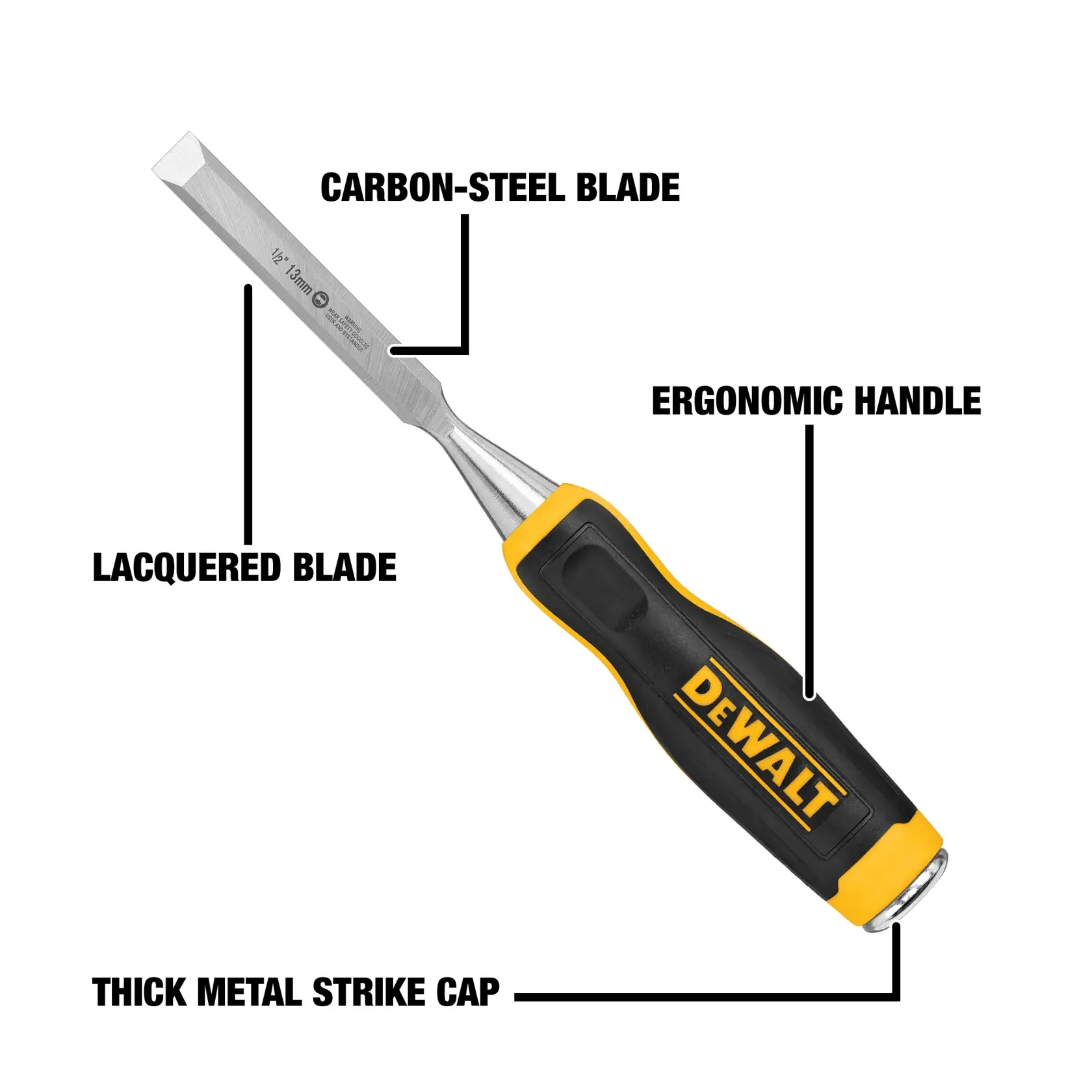 DEWALT wood chisel with carbon-steel lacquered blade, ergonomic handle, and thick metal strike cap. Labels highlight blade material, lacquered finish, ergonomic grip, and metal cap.