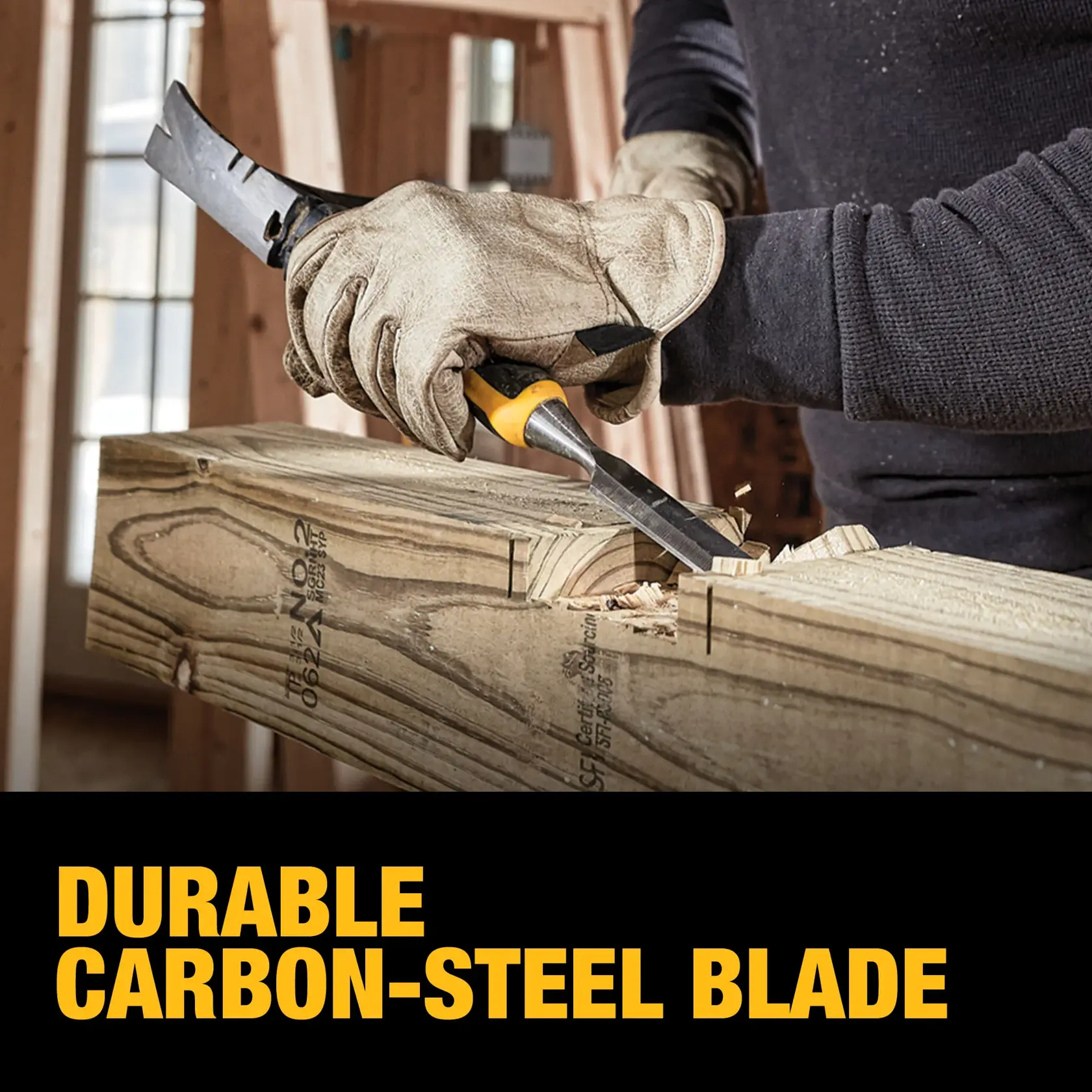 A person wearing work gloves uses a DEWALT chisel with a durable carbon-steel blade to carve wood in a construction setting. The image features the text 'Durable Carbon-Steel Blade' in bold yellow letters.
