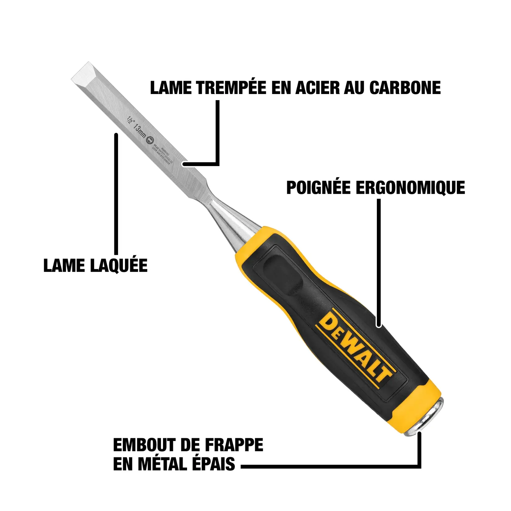 DEWALT wood chisel with carbon-steel lacquered blade, ergonomic handle, and thick metal strike cap. Labels highlight blade material, lacquered finish, ergonomic grip, and metal cap.