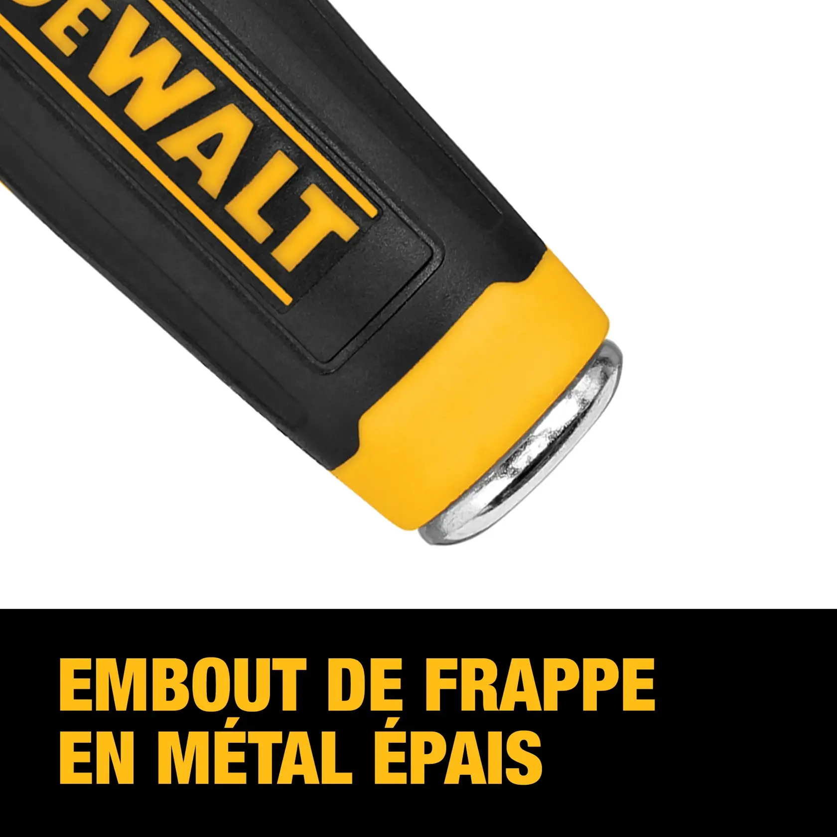 Close-up image of a DEWALT tool handle with a thick metal strike cap, shown with bold text stating 'THICK METAL STRIKE CAP' below.
