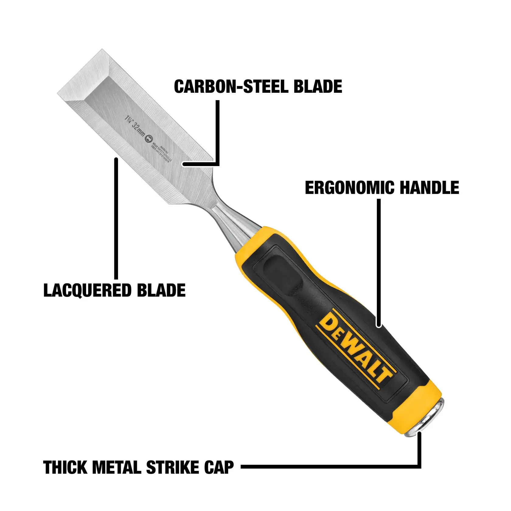 DEWALT chisel with labeled features: carbon-steel blade, lacquered blade, ergonomic handle, and thick metal strike cap.