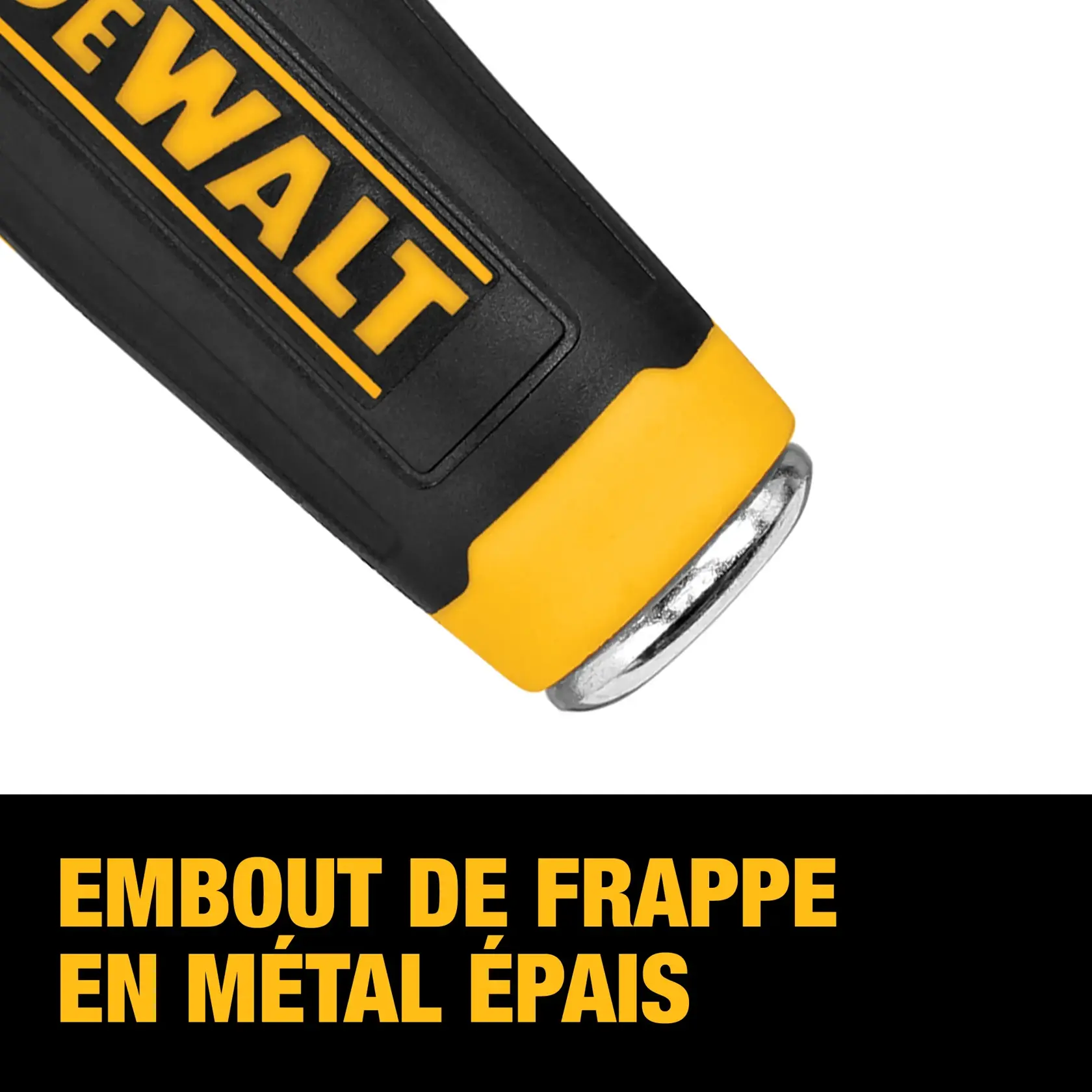 Close-up of a DEWALT tool handle featuring a thick metal strike cap and the DEWALT logo. Text below reads 'THICK METAL STRIKE CAP' in bold yellow letters.