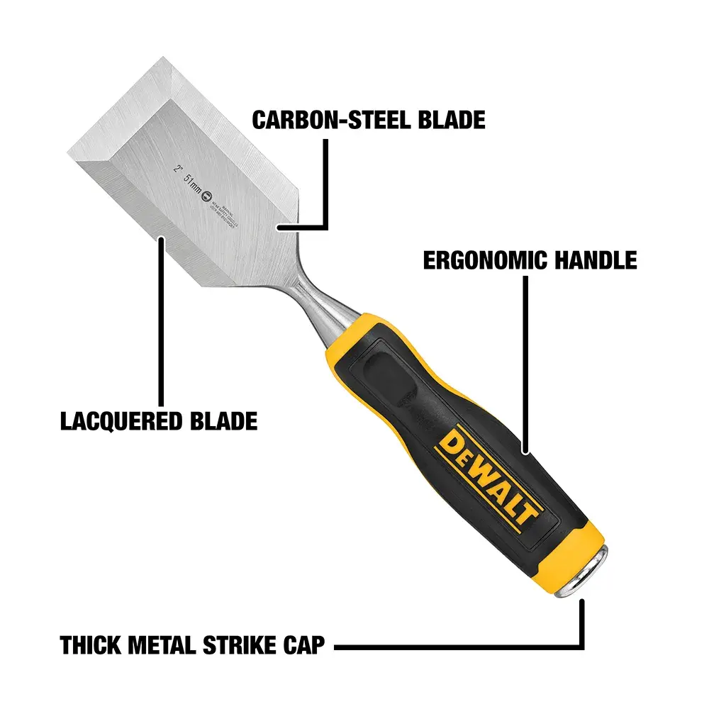 Image of a DEWALT chisel with labeled features: carbon-steel blade, lacquered blade, ergonomic handle, and thick metal strike cap.