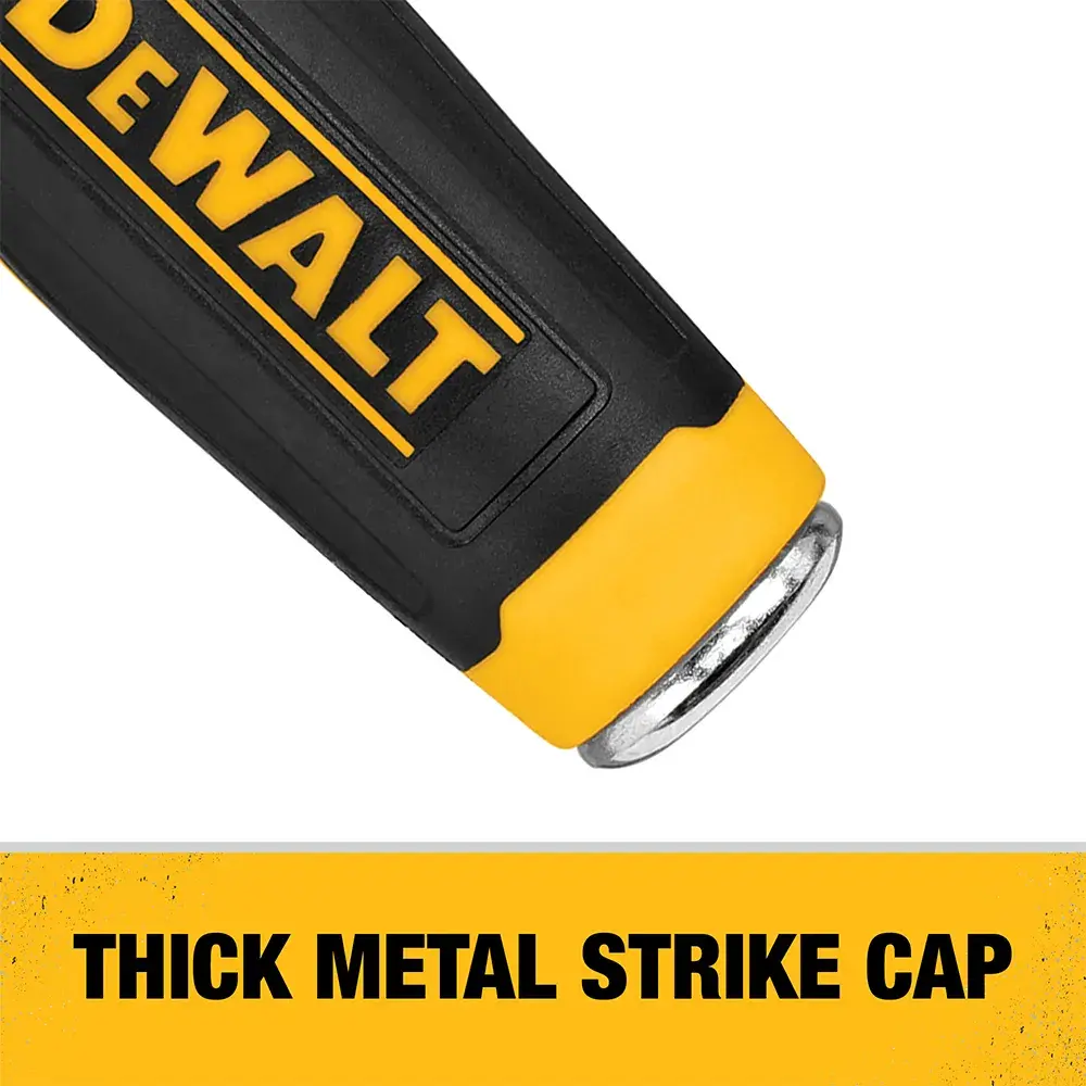 Close-up image of a DEWALT tool handle with a yellow and black design, featuring a thick metal strike cap. Text below reads 'THICK METAL STRIKE CAP.'