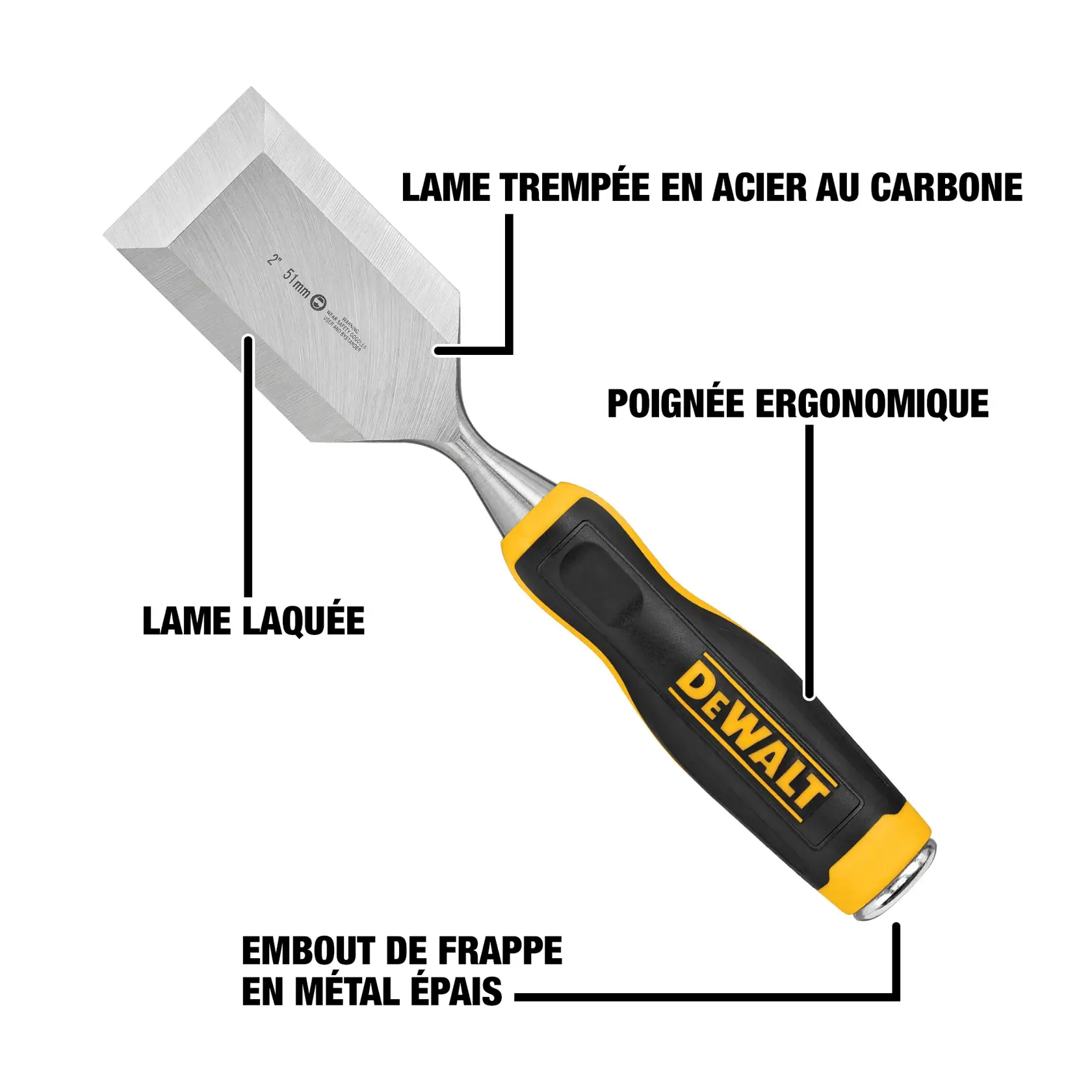Image of a DEWALT chisel with labeled features: carbon-steel blade, lacquered blade, ergonomic handle, and thick metal strike cap.