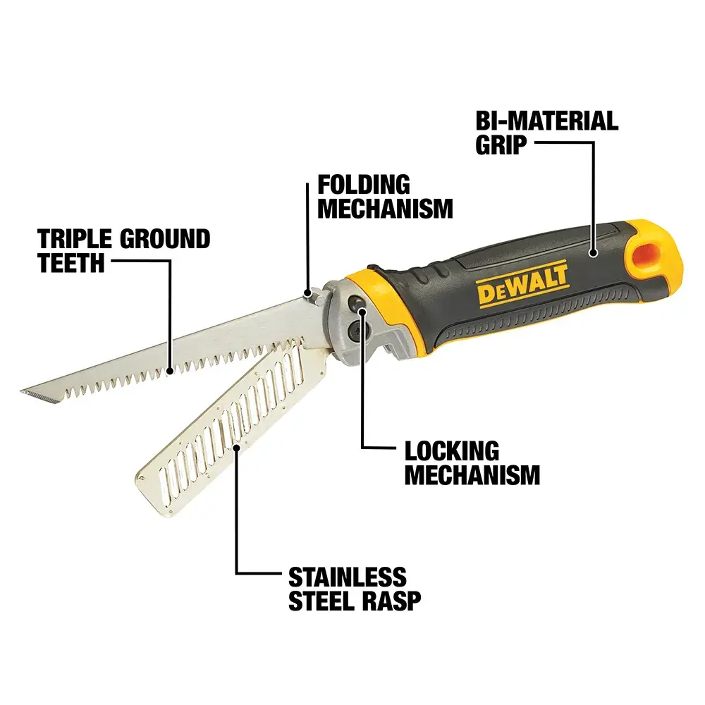 DEWALT folding hand saw with black and yellow bi-material grip. The image labels key features: triple ground teeth, folding mechanism, stainless steel rasp, locking mechanism, and bi-material grip.