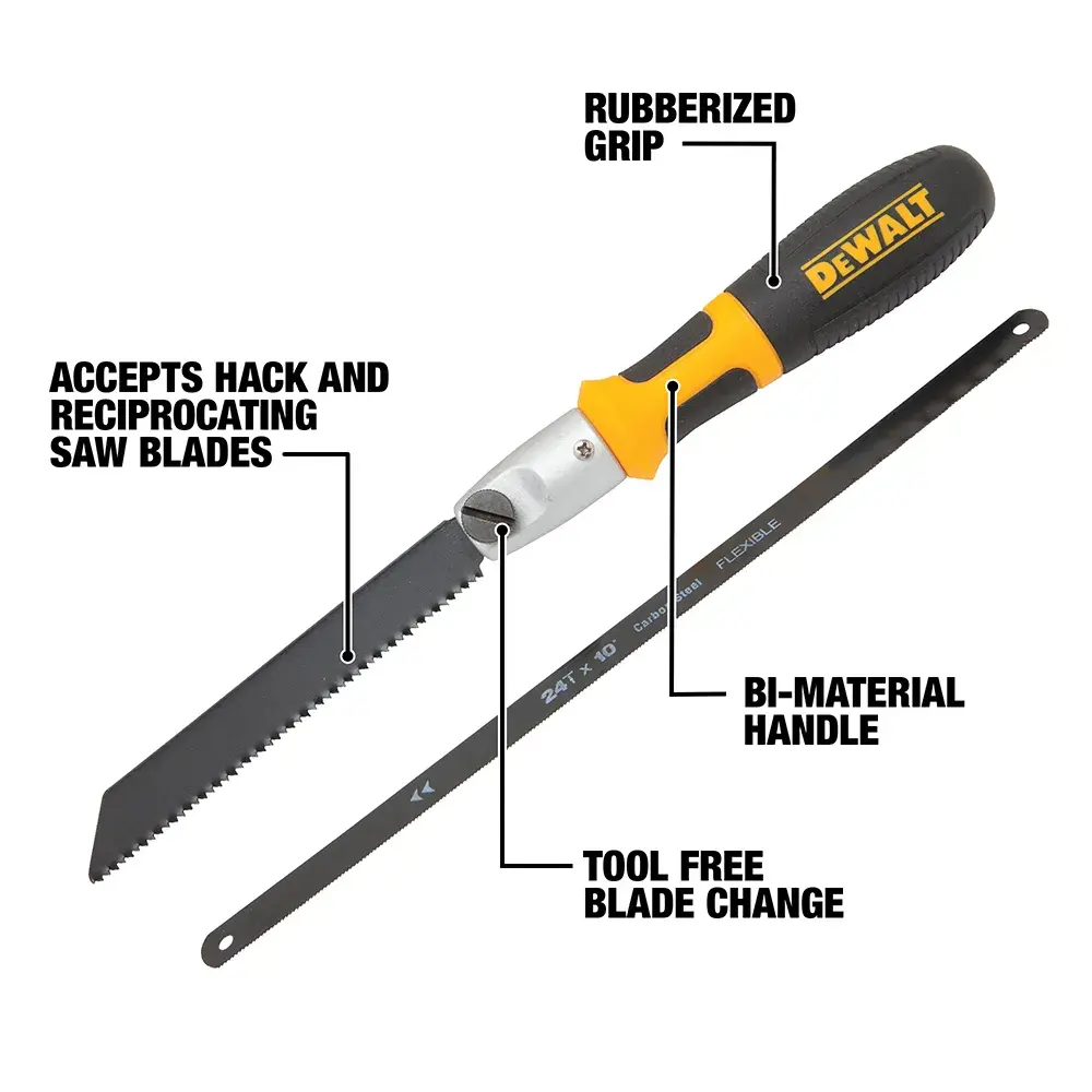 A DEWALT hand saw (model DWHT20542) with a yellow and black rubberized grip and bi-material handle, shown with two blades. Labels indicate features: rubberized grip, accepts hack and reciprocating saw blades, tool-free blade change, and bi-material handle.