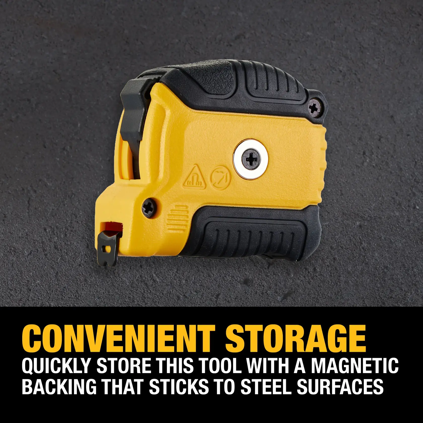 A DEWALT yellow and black hand tool is shown resting on a dark surface. The image highlights its convenient storage feature, indicating a magnetic backing that allows the tool to stick to steel surfaces.