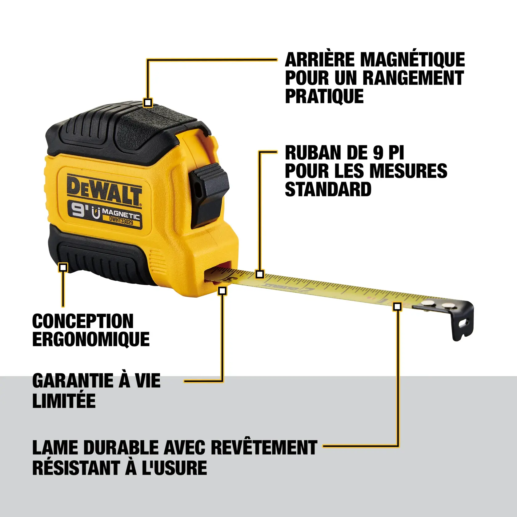 DEWALT 9 ft. magnetic tape measure, model DWHT33029T, shown in yellow and black. Features include magnetic backing for convenient storage, 9 ft. tape for standard measurements, ergonomic design, limited lifetime warranty, and a durable blade with wear-resistant coating. Key features are highlighted with labels on the image.