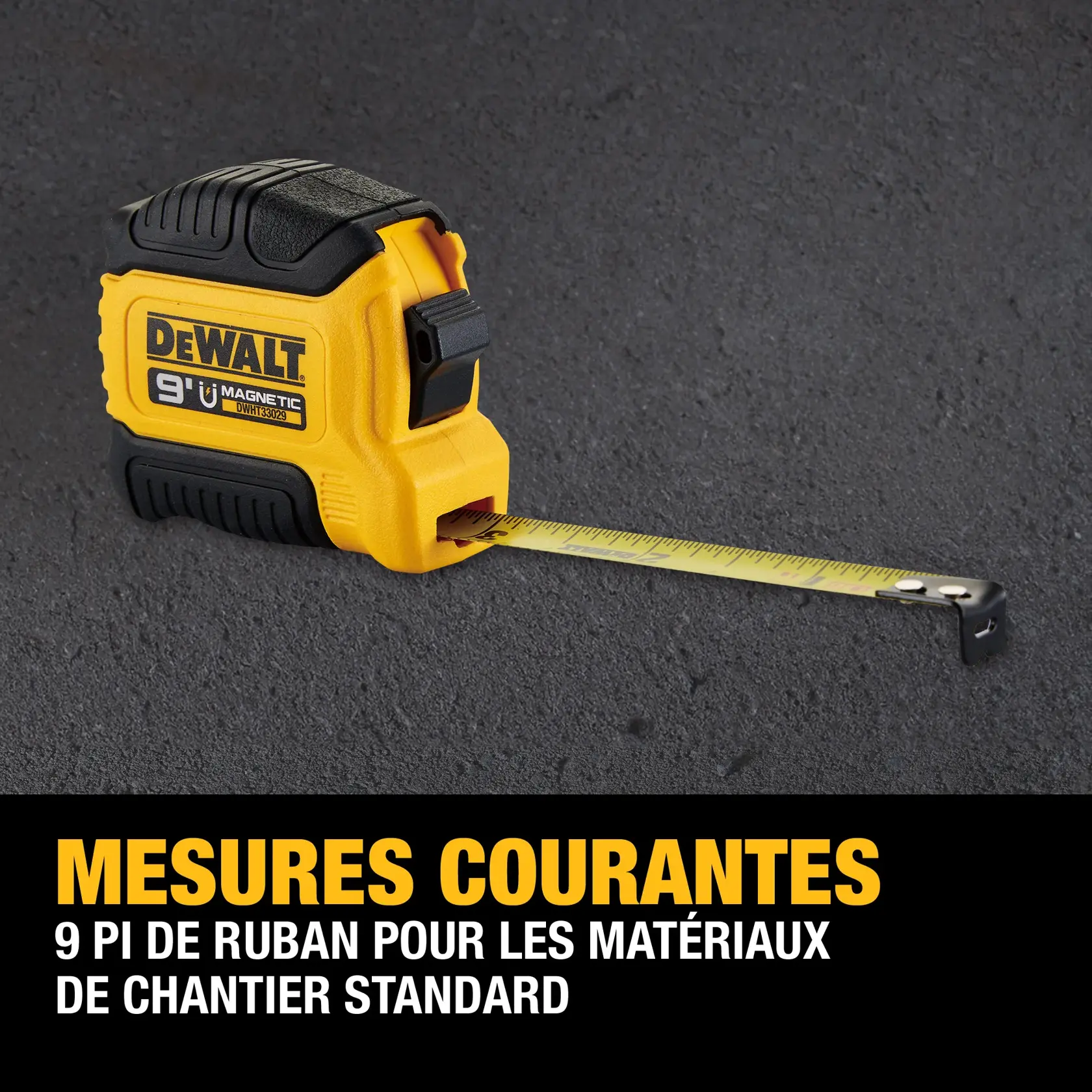 A DEWALT 9-foot magnetic tape measure is shown extended on a concrete surface. The product is yellow and black, with the DEWALT logo on the side. Text at the bottom states: 'COMMON MEASUREMENTS. 9 FT. OF TAPE FOR STANDARD JOBSITE MATERIALS.'