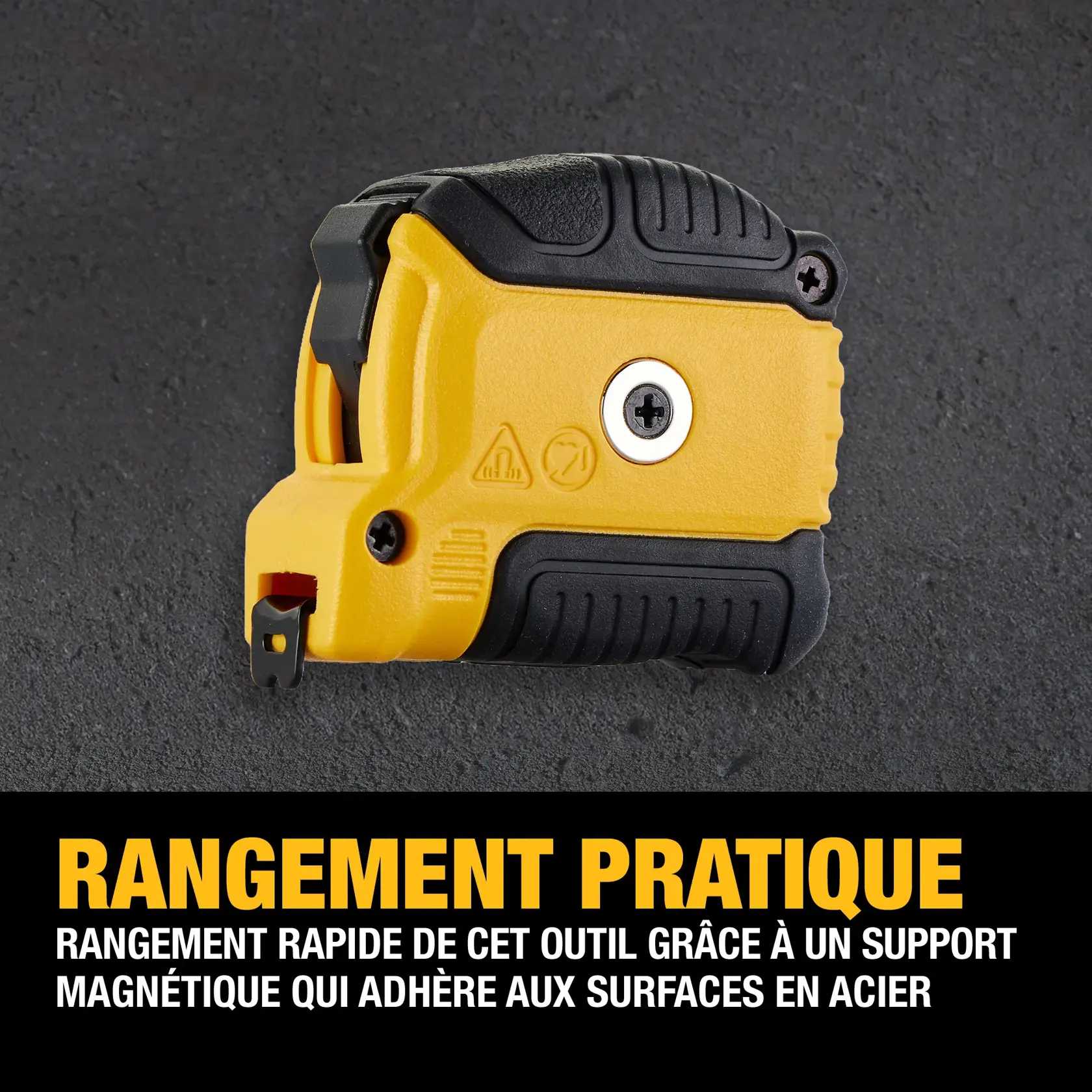 A DEWALT yellow and black hand tool is shown resting on a dark surface. The image highlights its convenient storage feature, indicating a magnetic backing that allows the tool to stick to steel surfaces.