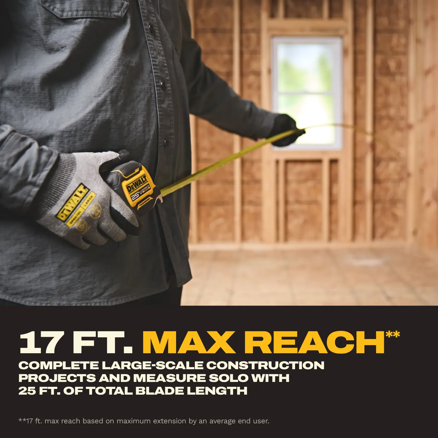 A person wearing work gloves is using a DEWALT 25 ft tape measure inside a partially constructed wooden room. The tape measure is extended, and the text highlights a 17 ft max reach for large-scale construction projects with 25 ft of total blade length.