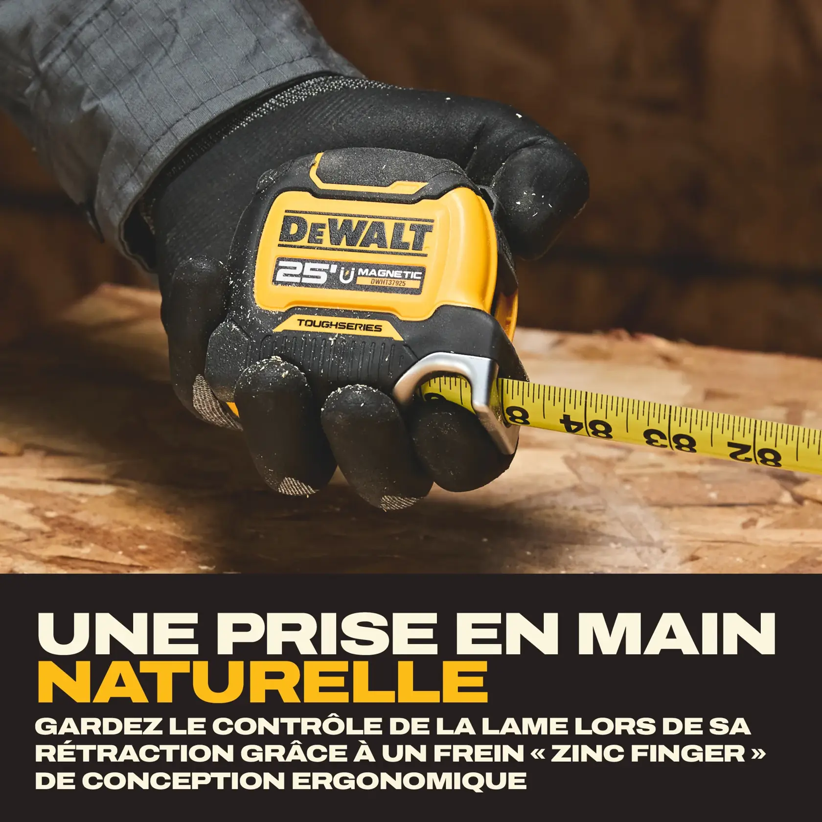 A gloved hand holding a yellow DEWALT 25 ft magnetic tape measure, with the tape extended over a wooden surface. The product description highlights its ergonomic zinc finger brake for blade control and a natural fit in the hand.