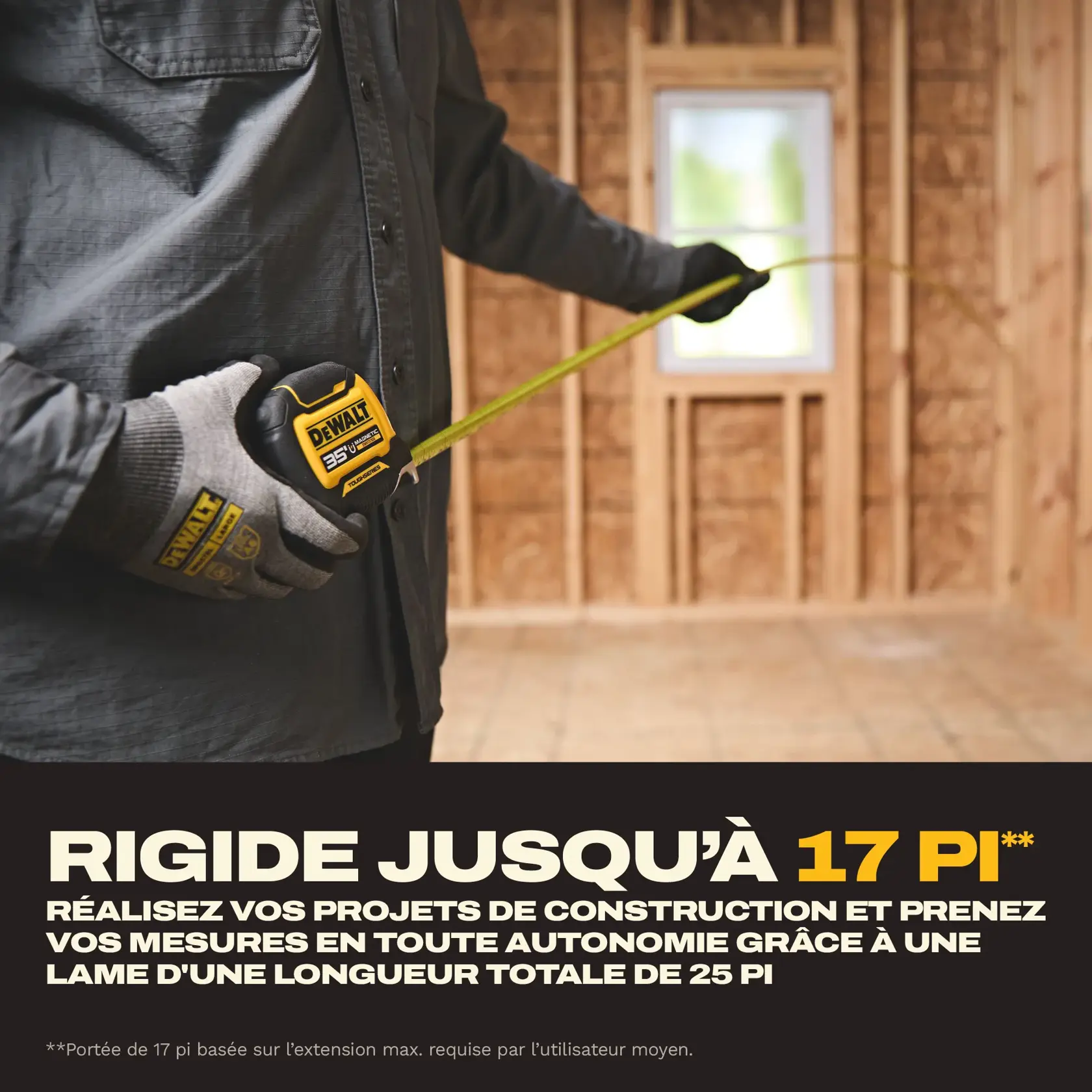 A person wearing gloves uses a DEWALT 35 ft. tape measure to measure inside a building under construction. The text on the image highlights a 17 ft. max reach and mentions the tape measure's suitability for large-scale projects.