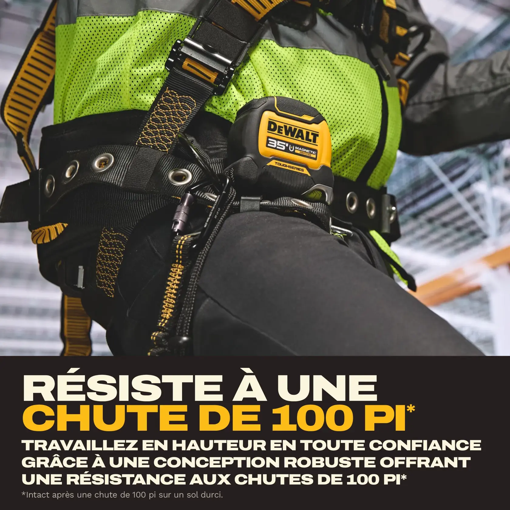 A DEWALT 35-foot magnetic tape measure (model DWHT37935S) is attached to the belt of a person wearing safety gear and a harness. Text at the bottom advertises the product's 100-foot drop rating and durability for working at height.
