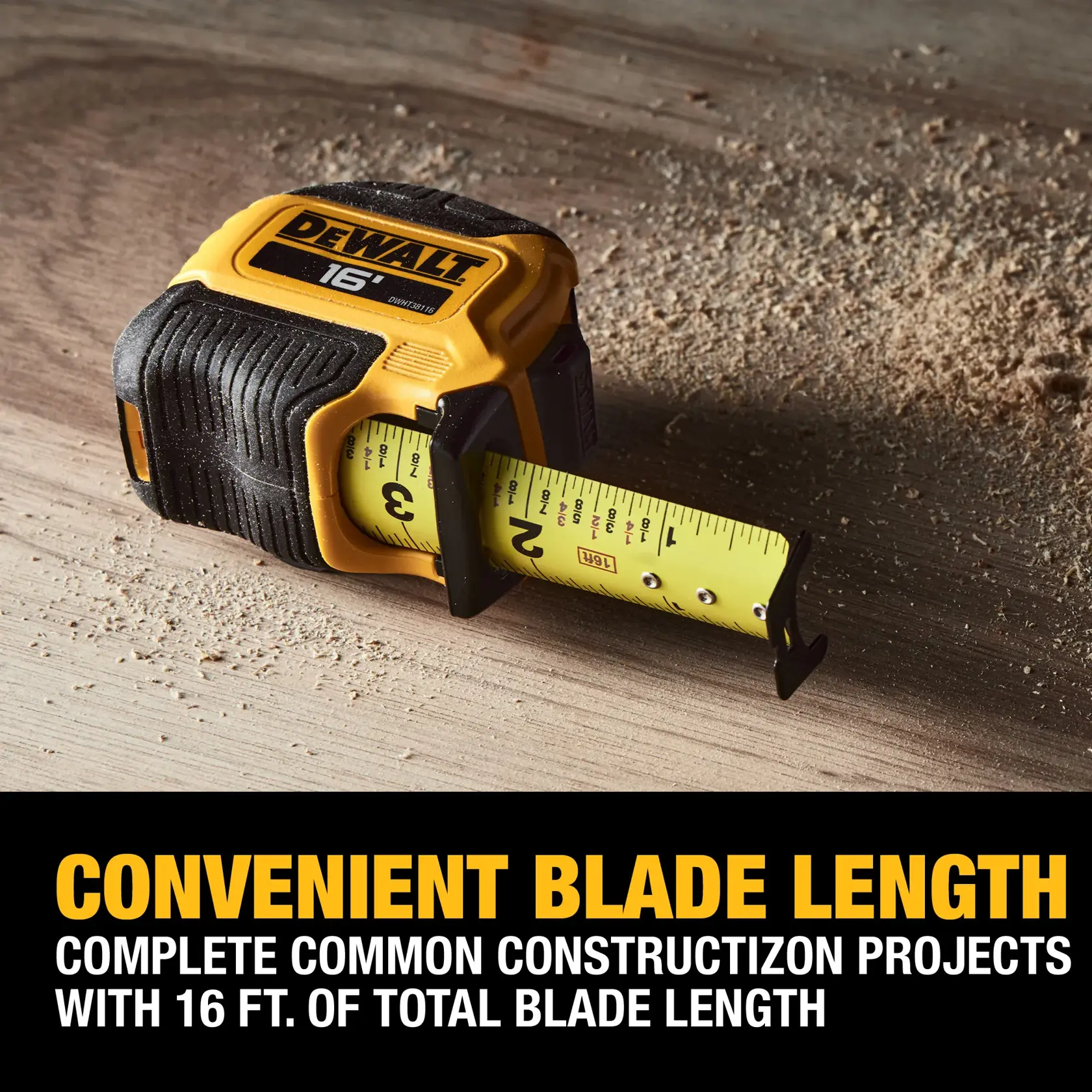 A DEWALT 16-foot tape measure is shown on a wooden surface with sawdust, and the blade is extended. Text in the image highlights its convenient blade length for completing common construction projects.