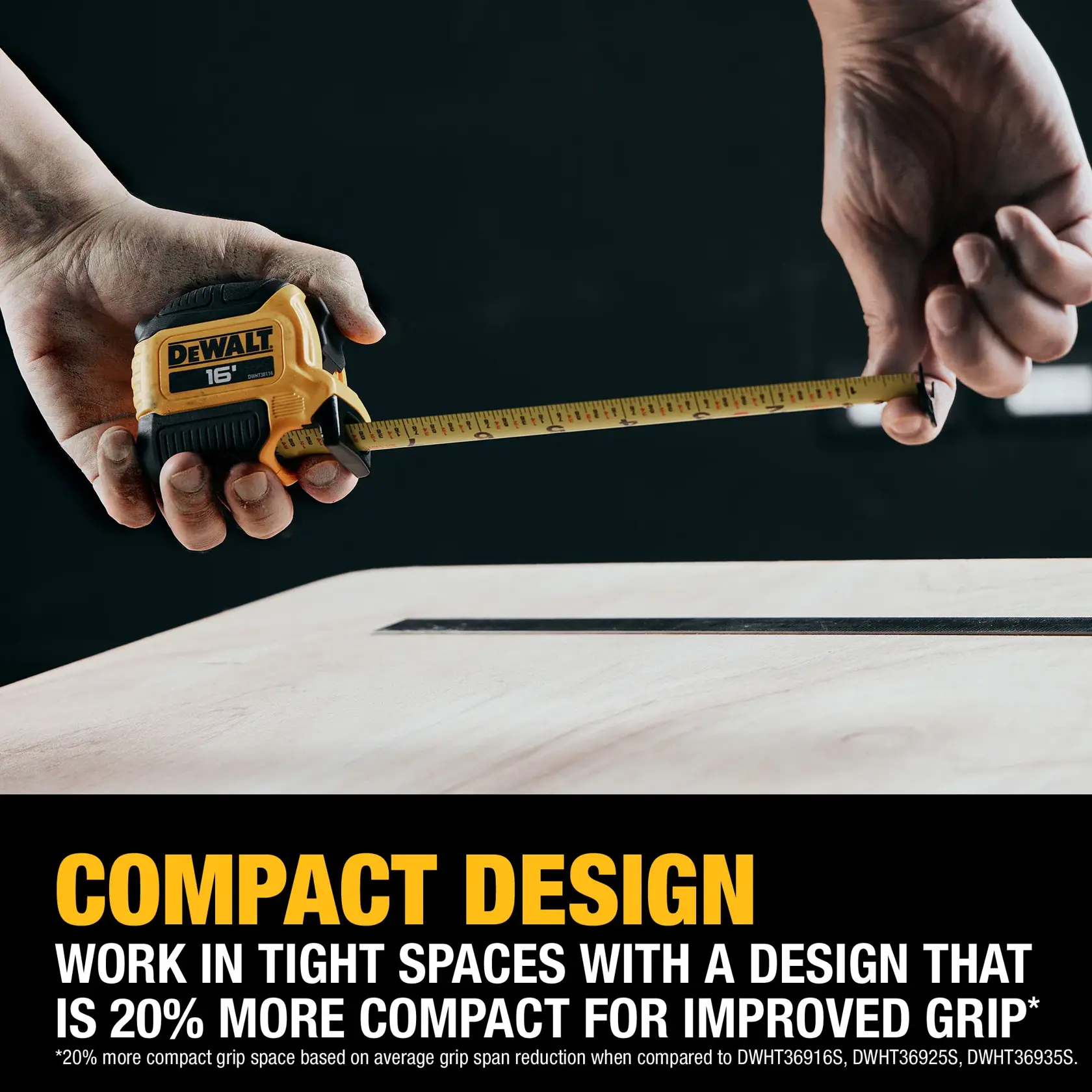 A close-up of two hands using a DEWALT 16-foot tape measure on a wooden surface. The tape measure is yellow and black. The image highlights the compact design, stating that the tool is 20% more compact for improved grip, allowing use in tight spaces.