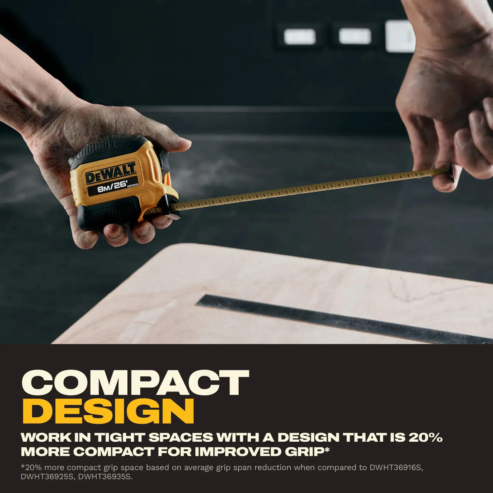A person is using a DEWALT 8 meter/26 foot tape measure to measure a piece of wood. The tape measure is yellow and black, and the person's hands appear dusty. Text on the image highlights the compact design of the tape measure and states that it allows work in tight spaces with a grip that is 20% more compact for improved handling.