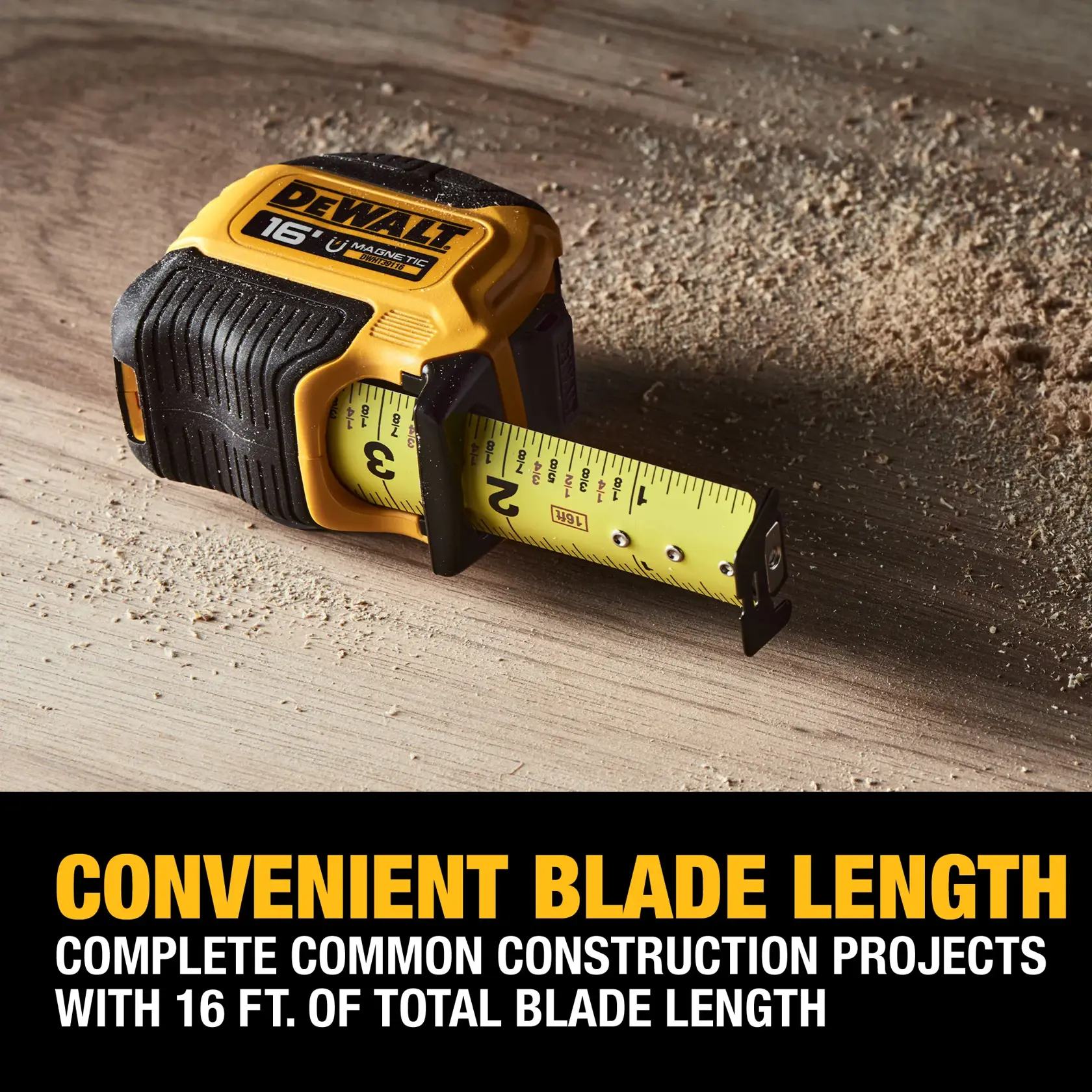 A DEWALT 16-foot magnetic tape measure is displayed on a wooden surface with sawdust. The tape is extended and the product is highlighted for its convenient blade length suitable for common construction projects.