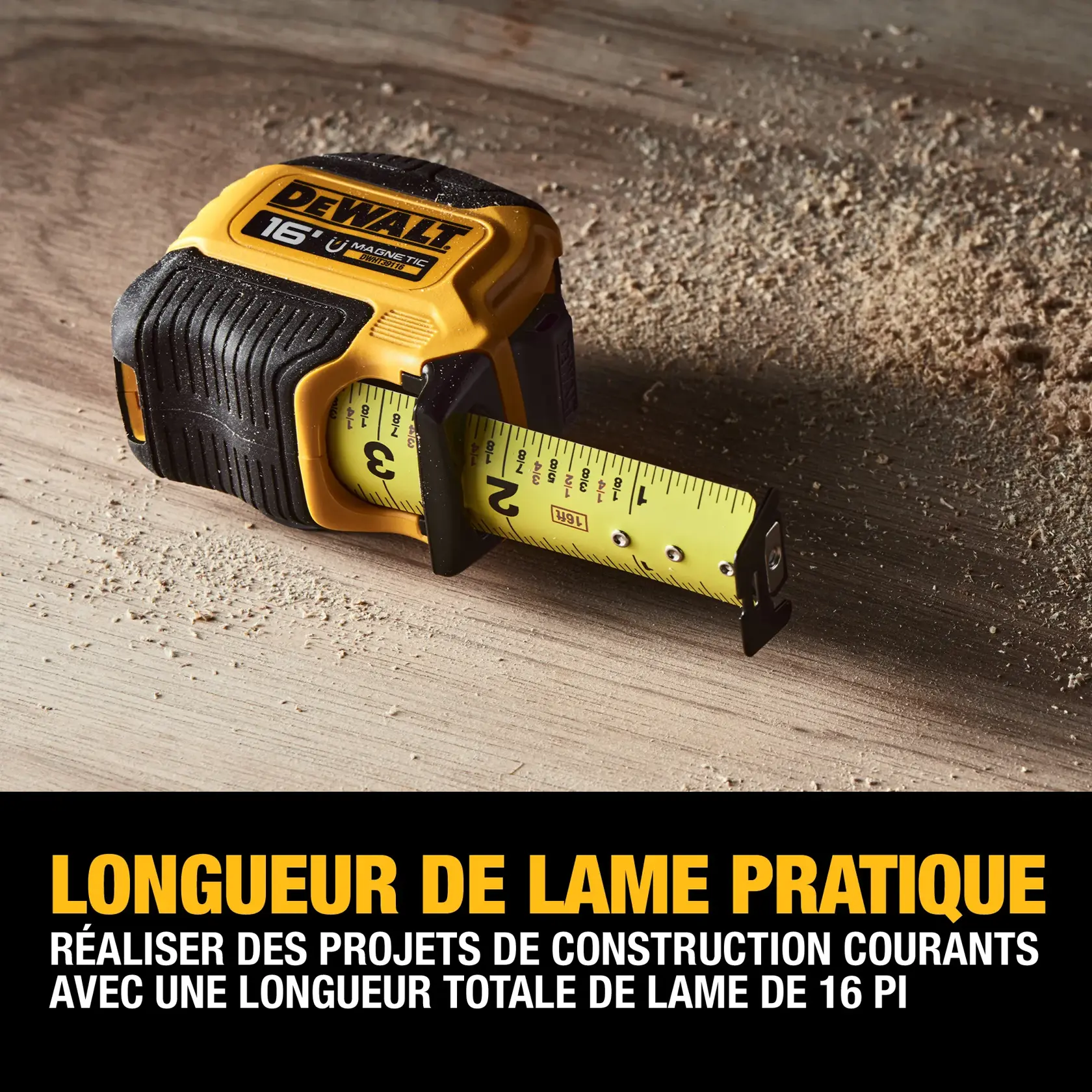 A DEWALT 16-foot magnetic tape measure is displayed on a wooden surface with sawdust. The tape is extended and the product is highlighted for its convenient blade length suitable for common construction projects.