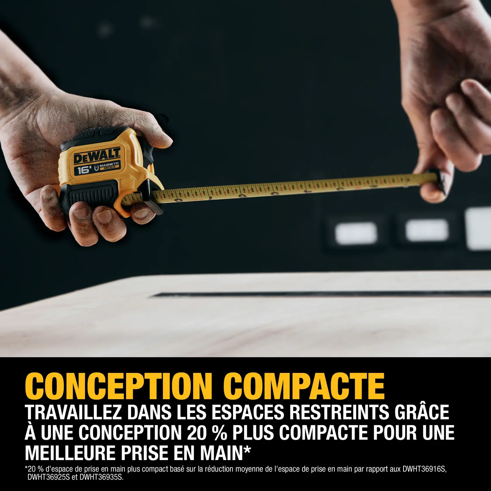 A close-up image of two hands using a DEWALT 16-foot magnetic tape measure to measure a piece of wood. The text emphasizes the compact design, stating it is 20% more compact for improved grip, making it ideal for working in tight spaces.