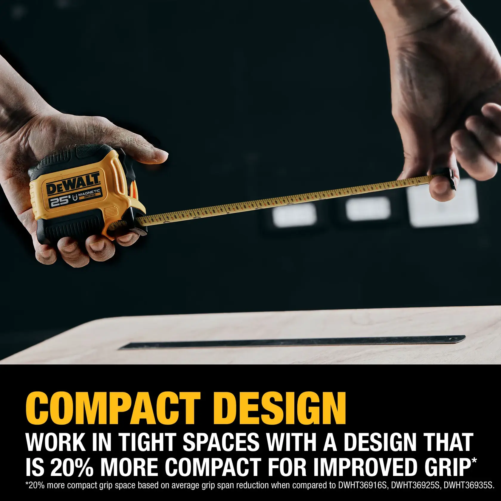 A DEWALT 25-foot tape measure being used by a person to measure a wooden surface. The image highlights the compact design, mentioning that the product is 20% more compact for improved grip, suitable for working in tight spaces.