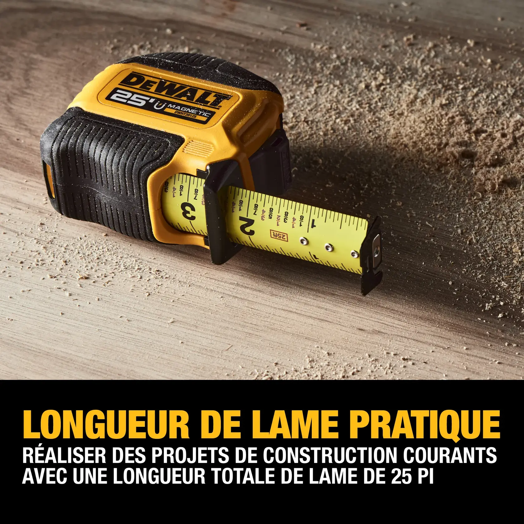 A DEWALT 25-foot magnetic tape measure is displayed on a wooden surface with wood shavings around it. Text highlights the long blade length, suitable for completing large-scale projects with 25 feet of total blade length.