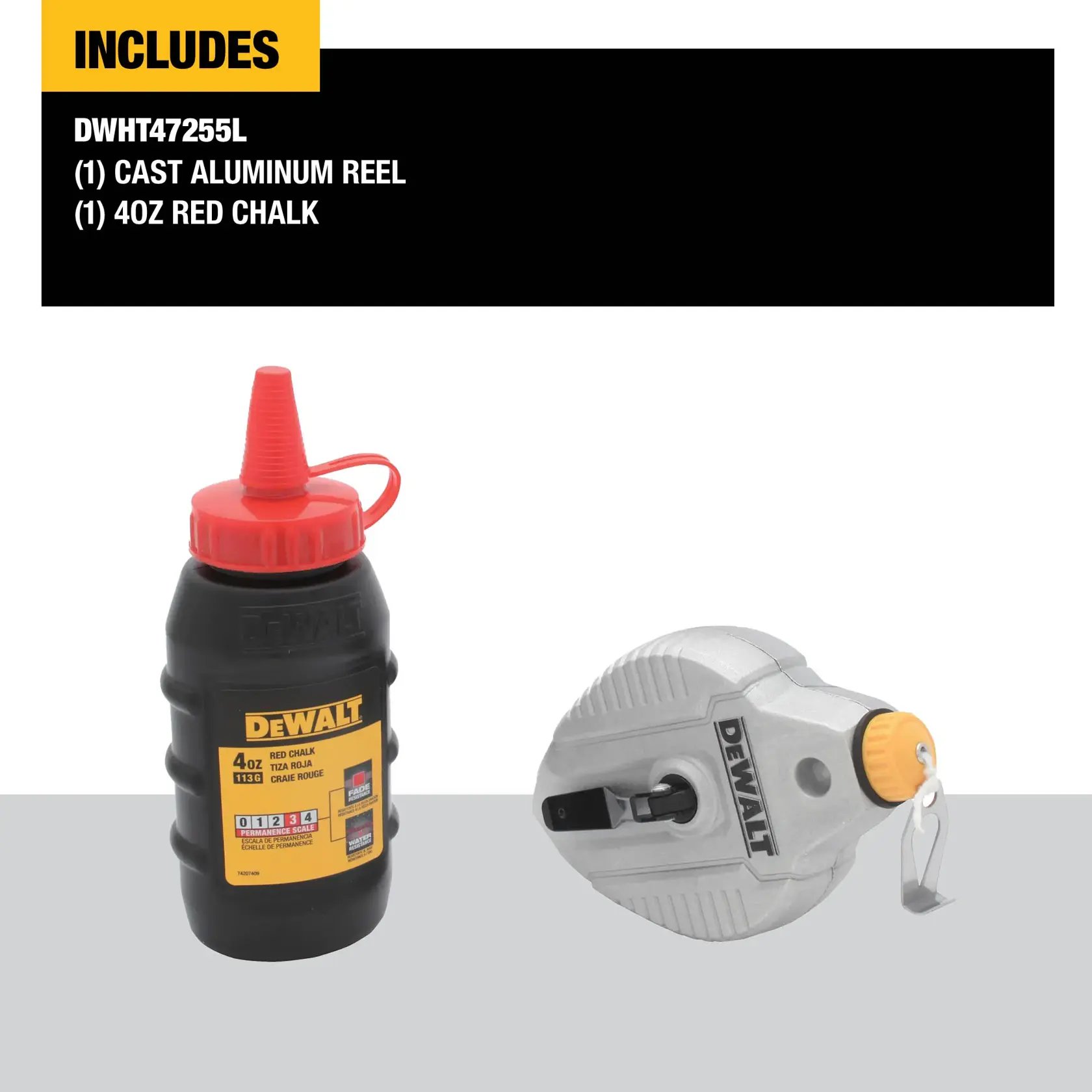 Image shows a DEWALT DWHT47255L kit including a cast aluminum reel and a 4oz bottle of red chalk. The reel is silver with a yellow dial and a hook, and the chalk bottle is black with a red cap and yellow label.