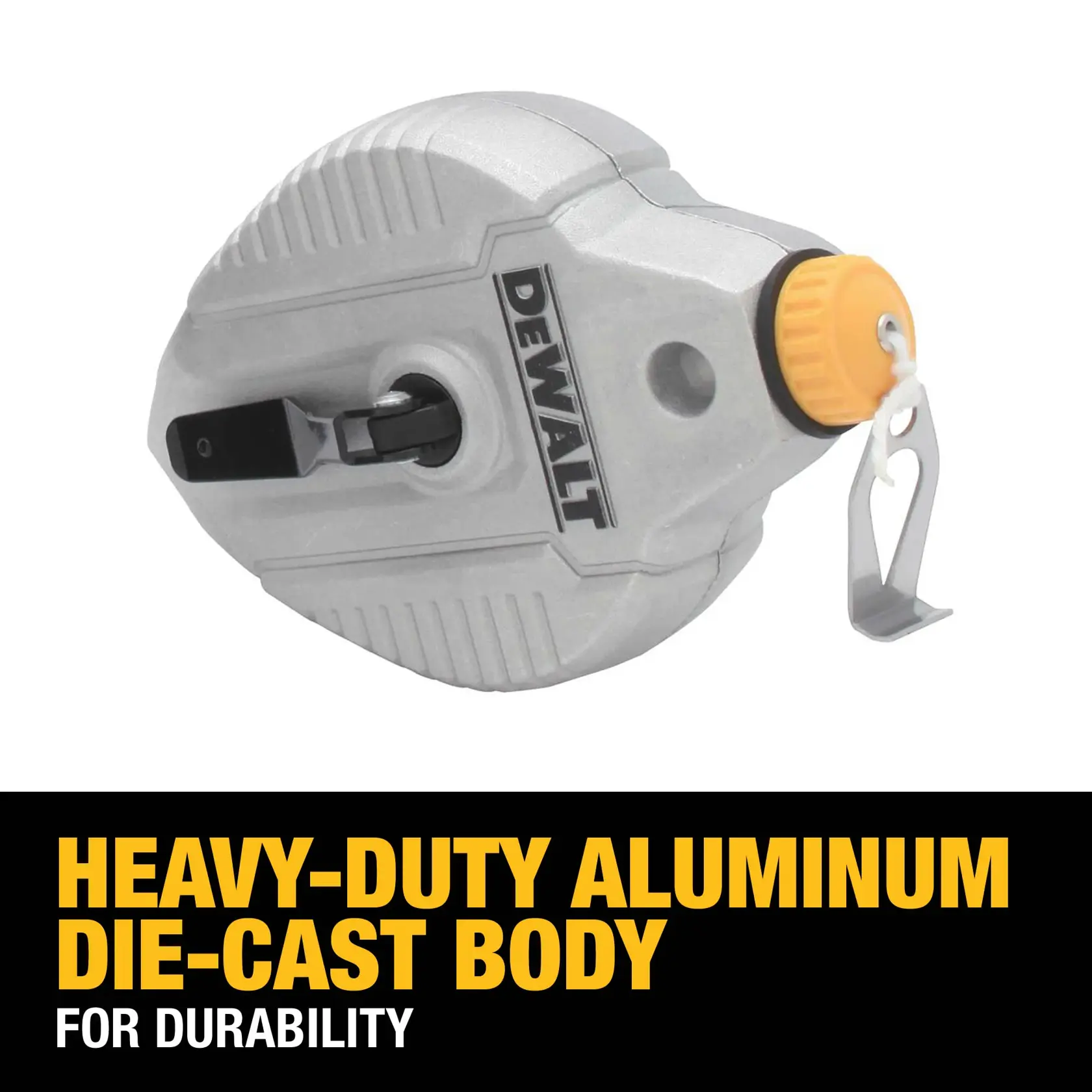 DEWALT heavy-duty aluminum die-cast chalk reel with a metal hook and ergonomic design, featured above a caption stating 'HEAVY-DUTY ALUMINUM DIE-CAST BODY FOR DURABILITY.'