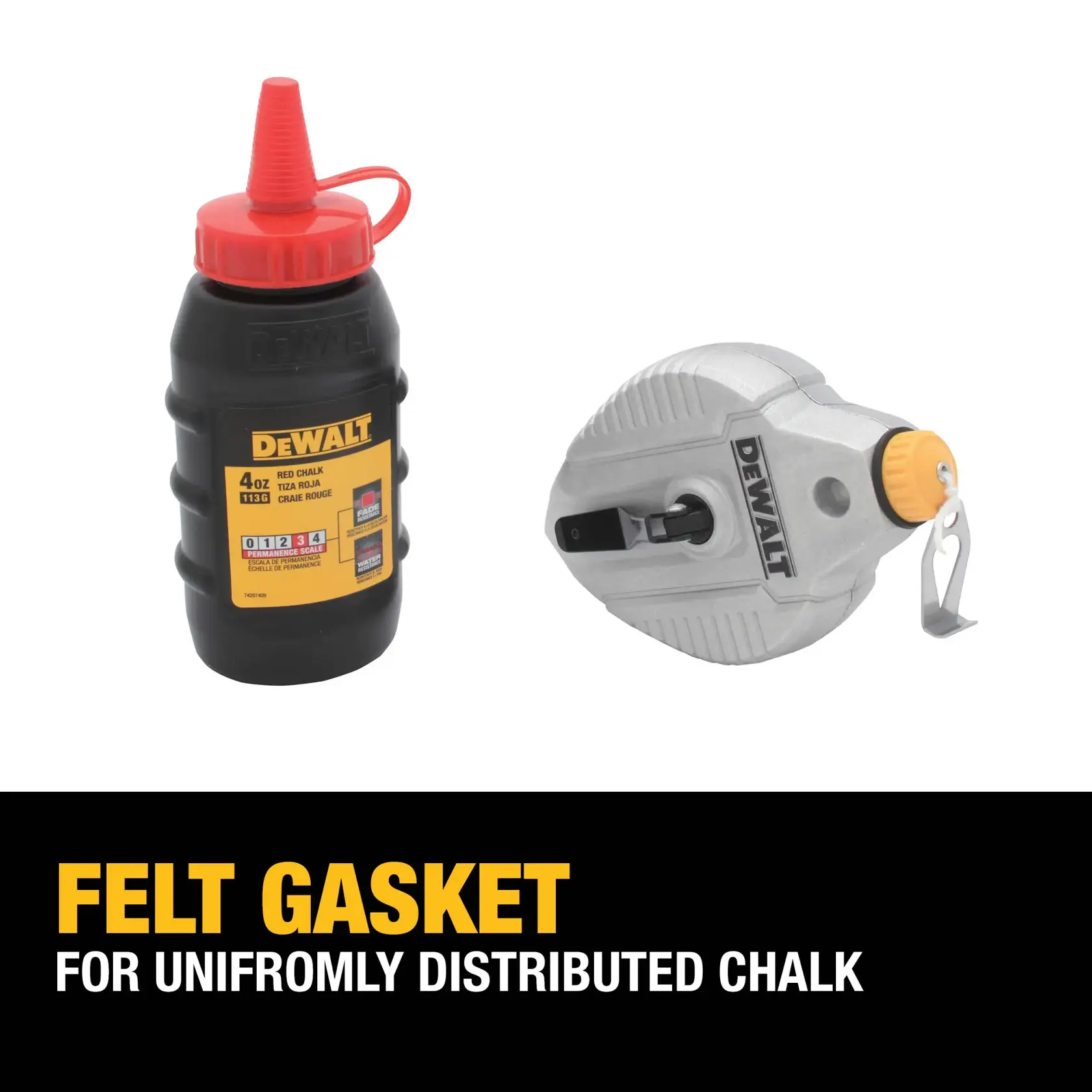 Image showing a DEWALT chalk line kit, including a bottle of red chalk powder and a metal chalk line reel. The background features the text: 'Felt gasket for uniformly distributed chalk.'
