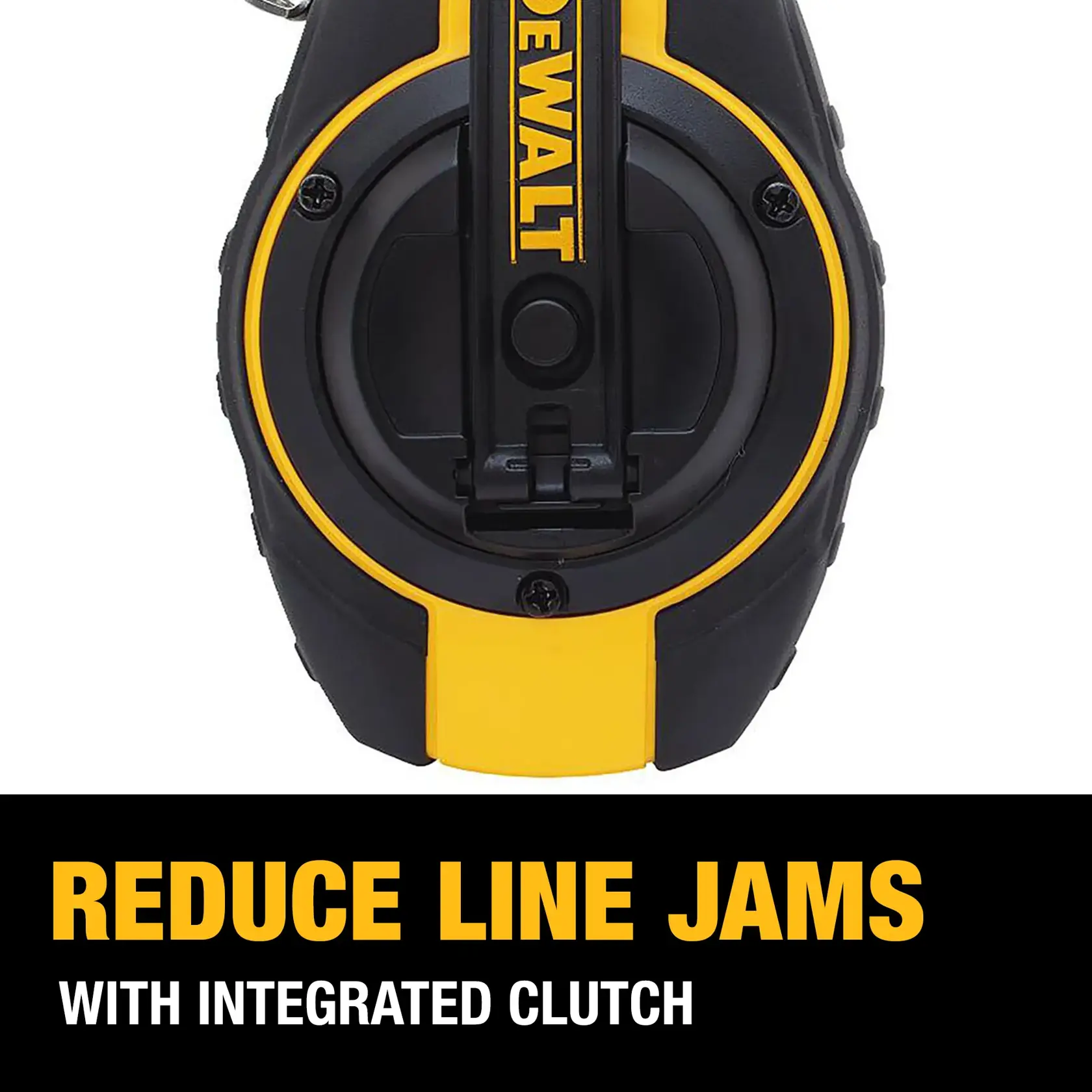 Close-up of a DEWALT chalk line tool with integrated clutch, designed to reduce line jams. Text below the tool reads 'Reduce line jams with integrated clutch.'