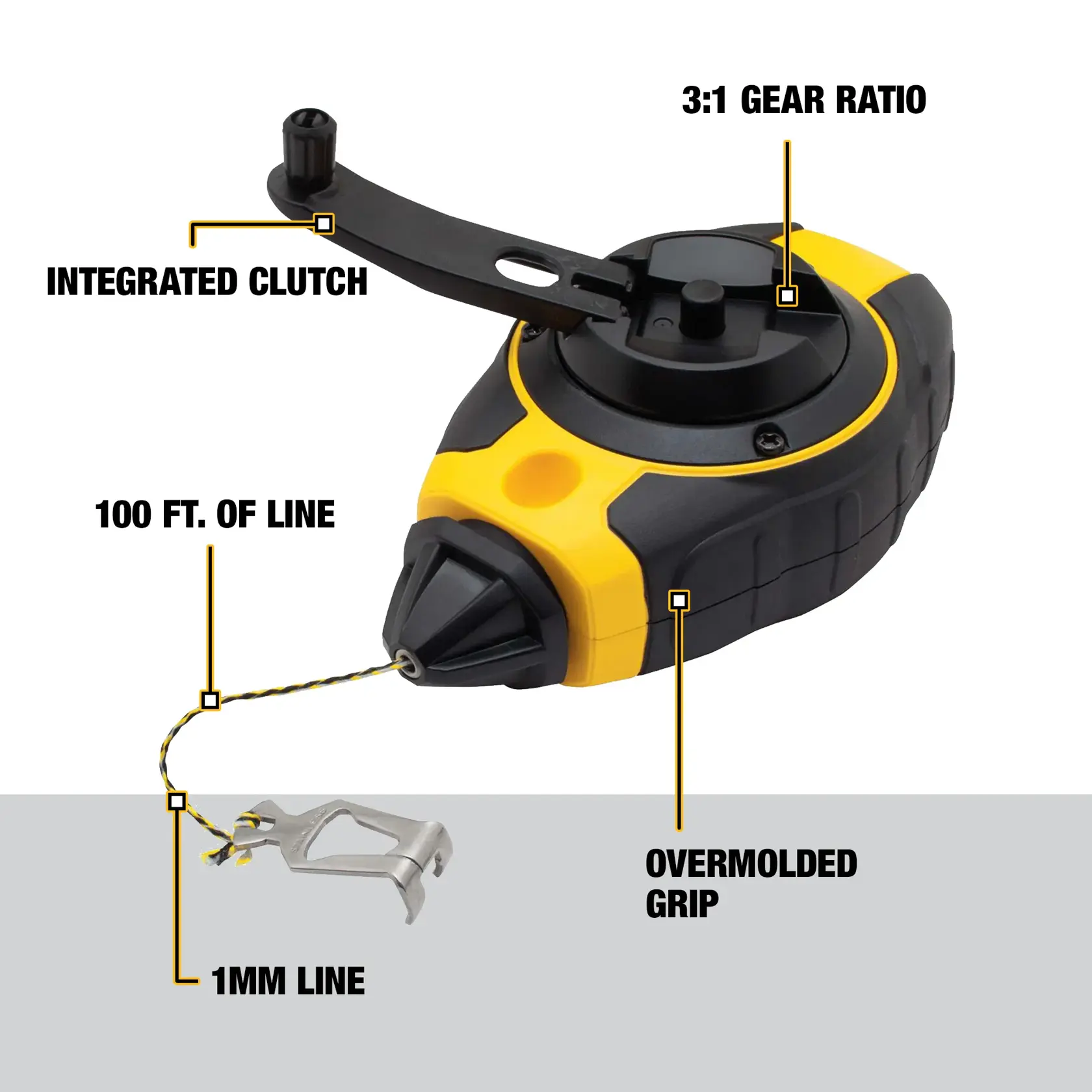 DEWALT chalk line tool with labeled features including 3:1 gear ratio, integrated clutch, 100 feet of 1mm line, overmolded grip, and metal hook.