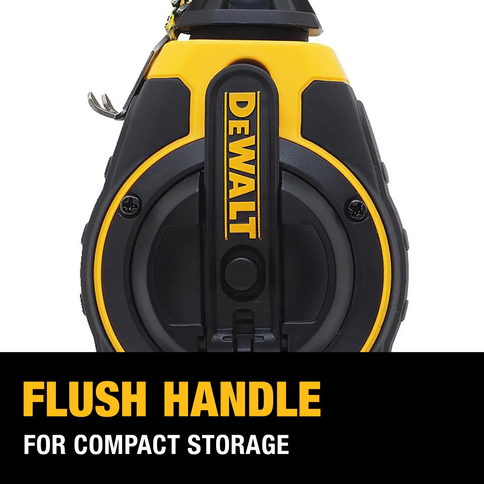 Front view of a DEWALT tool with a flush handle, designed for compact storage. The product features yellow and black colors and the text on screen highlights the flush handle for easy storage.