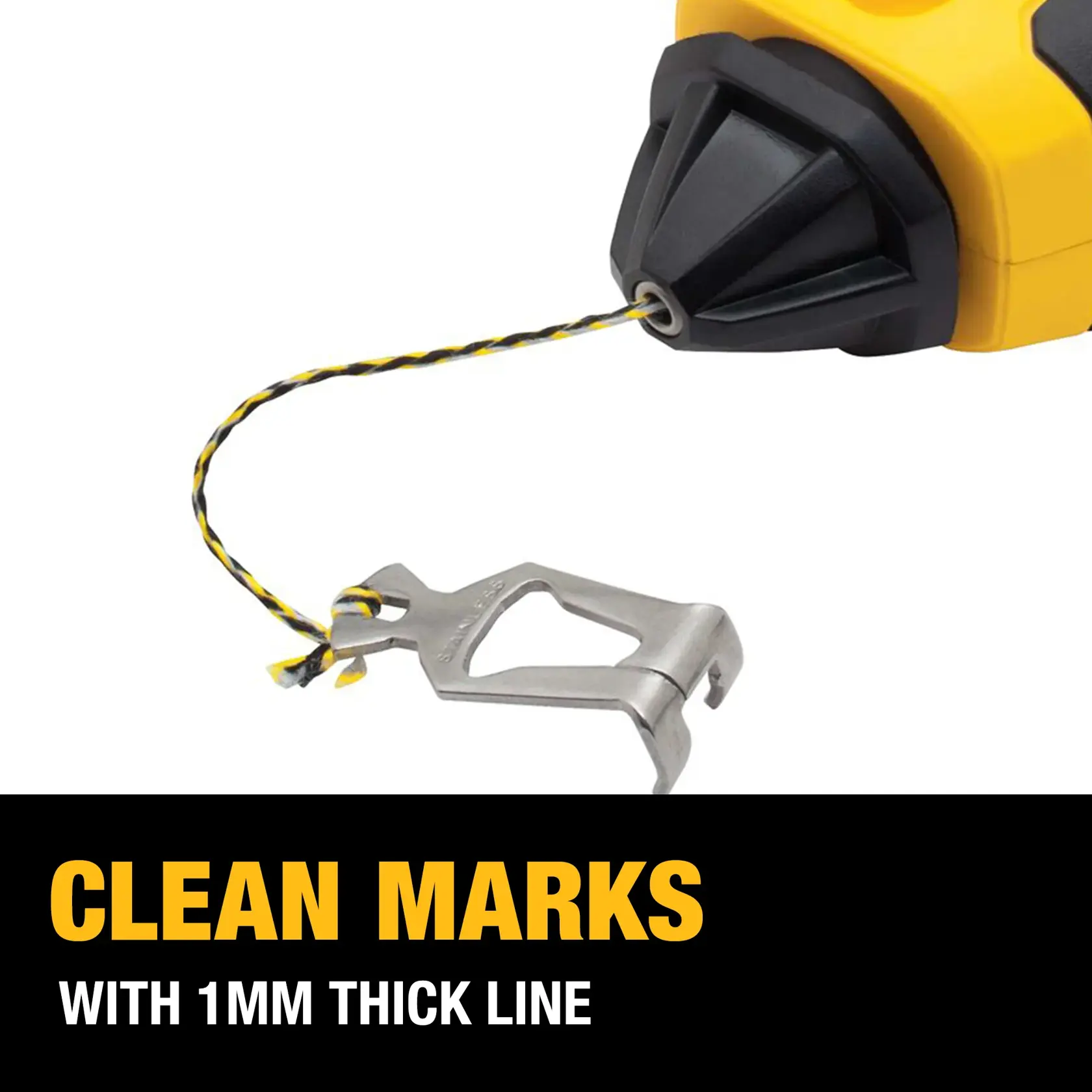 A close-up of a DEWALT chalk line tool with a yellow and black twisted string and metal hook. Text reads: 'Clean marks with 1mm thick line.'