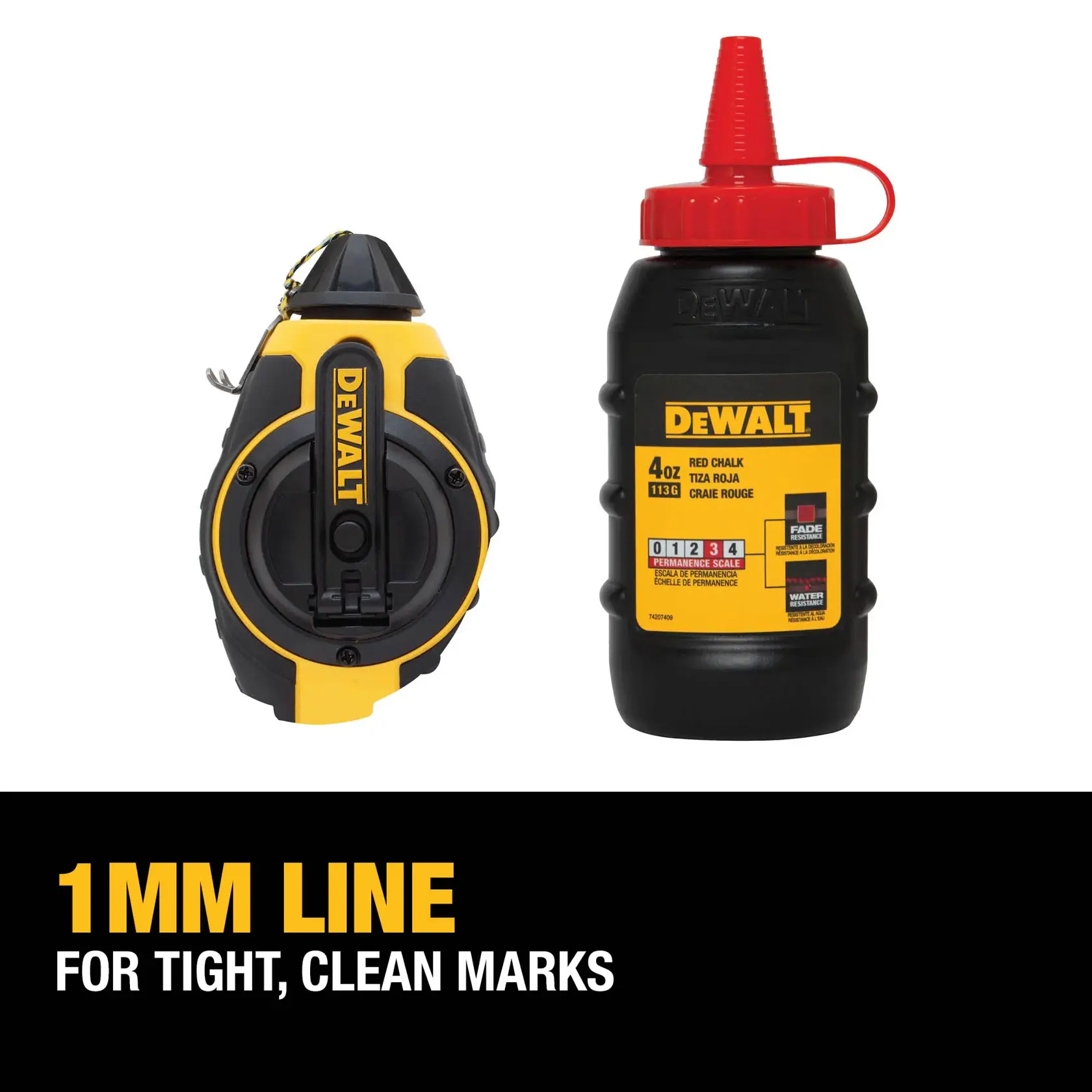 Image shows a DEWALT chalk line reel and a bottle of DEWALT red chalk. The chalk line reel is black and yellow, and the chalk bottle is black with a red cap. Text below reads '1MM LINE FOR TIGHT, CLEAN MARKS.'